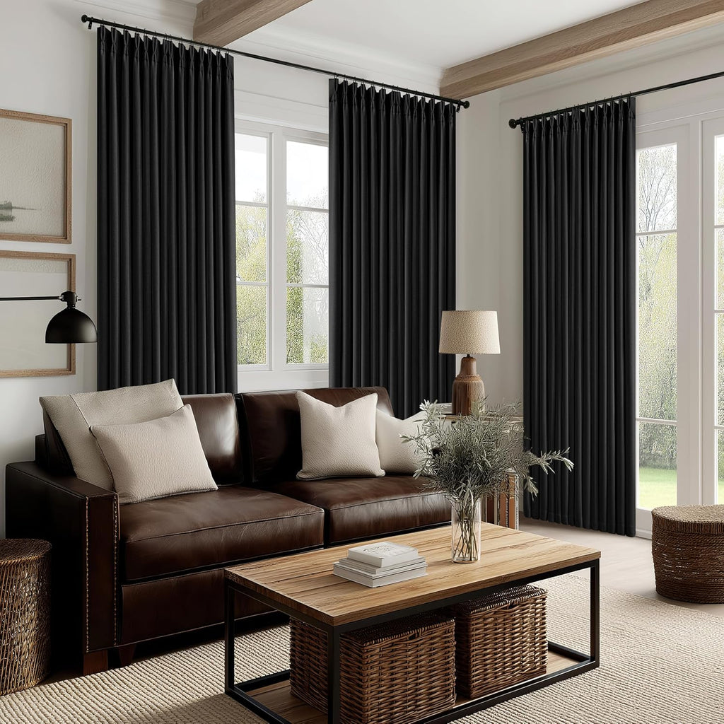 Twodrapes Black 96 Inch Blackout Pinch Pleated Curtains 2 Panel Set for Living Room Darkening Thick Linen Textured 100% Black Out Drapes 96…