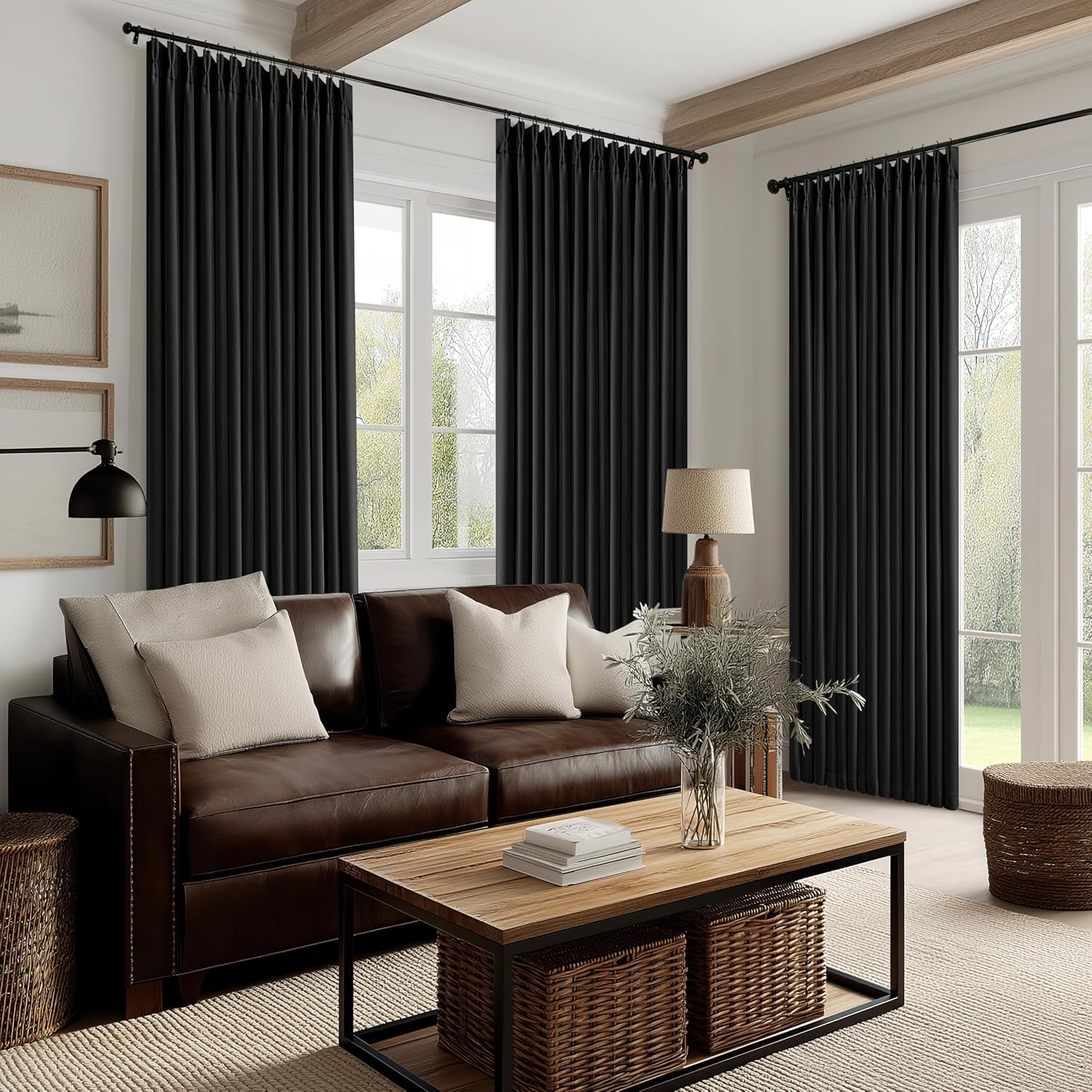 Twodrapes Black 96 Inch Blackout Pinch Pleated Curtains 2 Panel Set for Living Room Darkening Thick Linen Textured 100% Black Out Drapes 96…