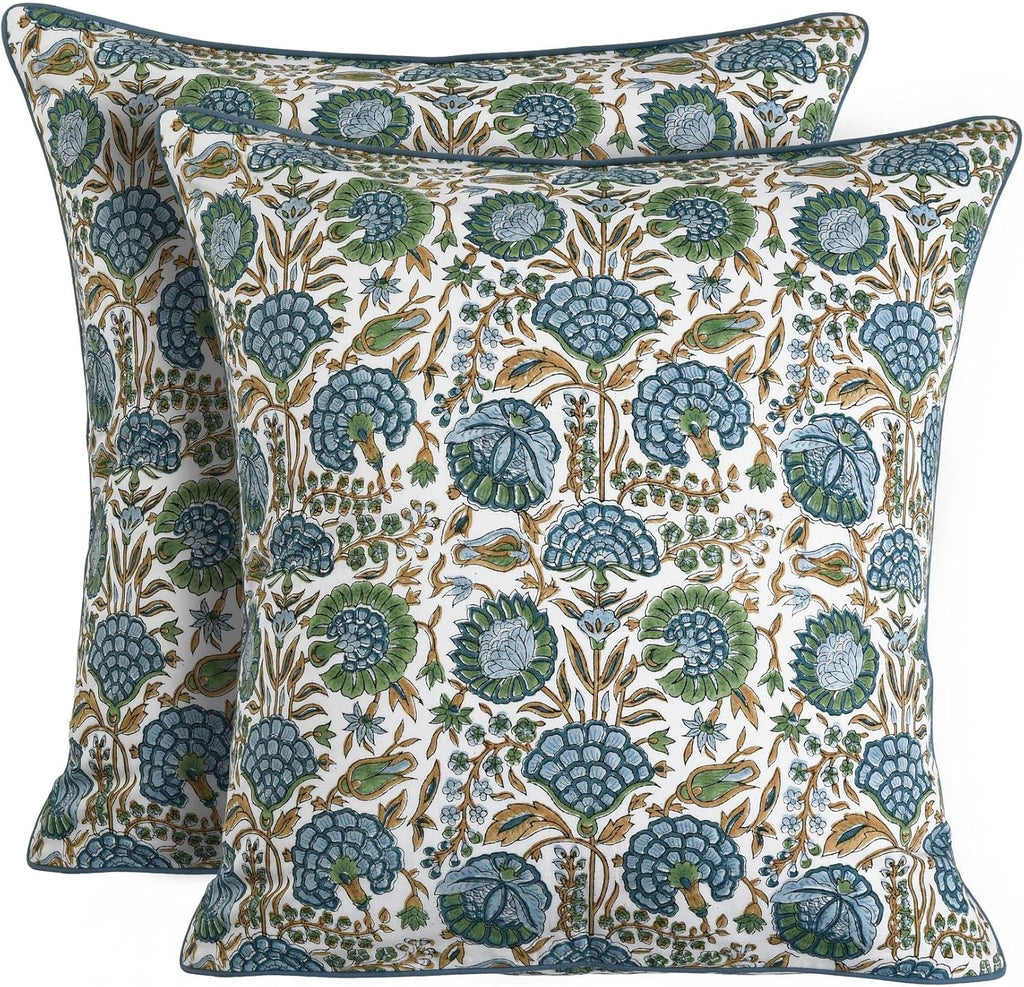 Ridhi Block Print Asparagus Green Pillow Cover 24" x 24" (Pack of 2) Decorative Couch Pillows for Living Room, Farmhouse Chic Boho Cute Out…