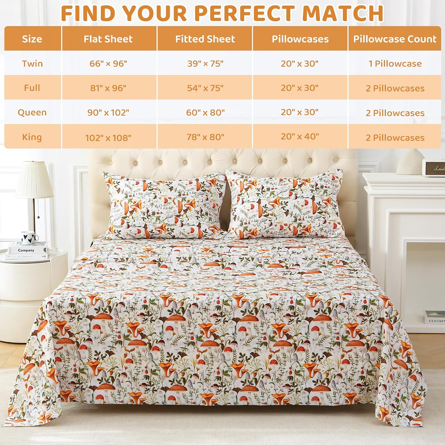 mooreeke Cozy Vintage Microfiber Printed King Sheet Set - Soft & Breathable Percale Mushroom Forest Bed Sheets with Extra Deep Pocket - Non…