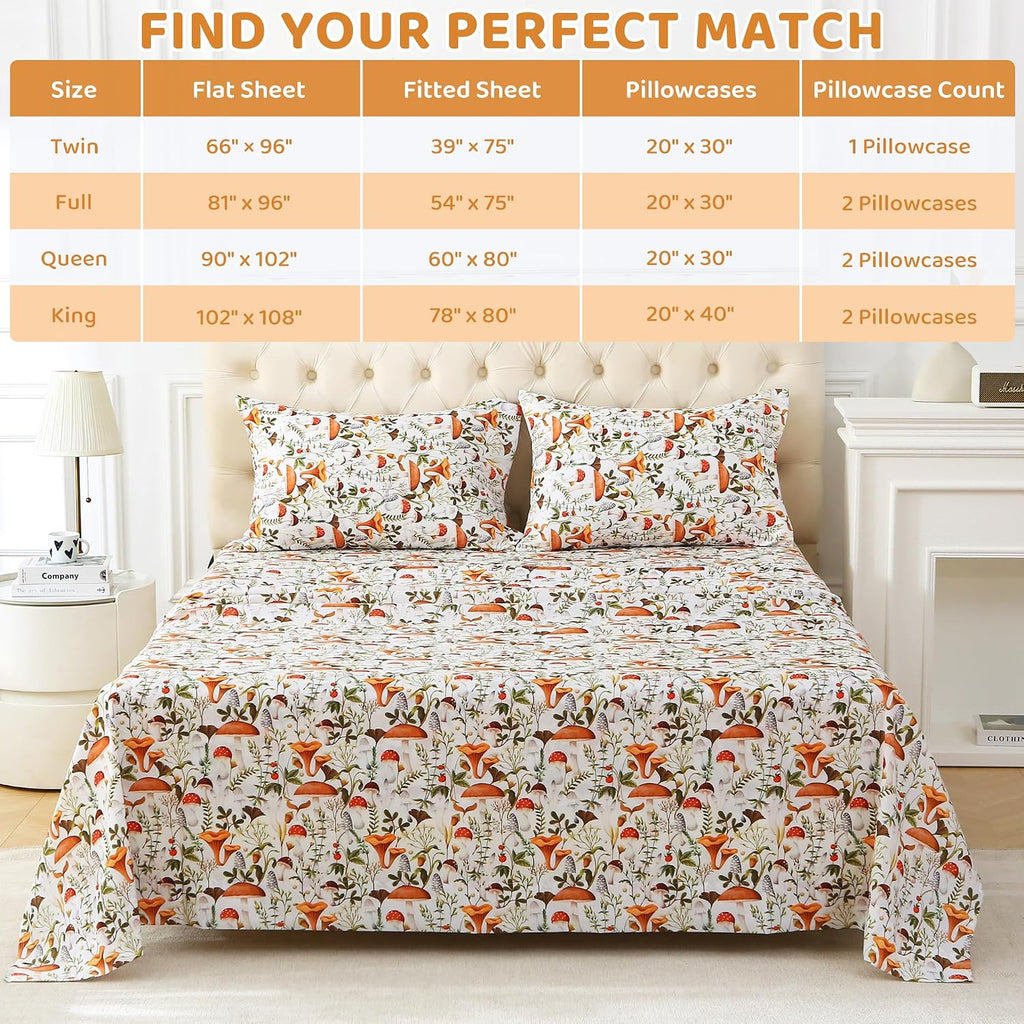 mooreeke Cozy Vintage Microfiber Printed Twin Sheet Set - Soft & Breathable Mushroom Forest Bed Sheets with Extra Deep Pocket - Non-Slip Fi…