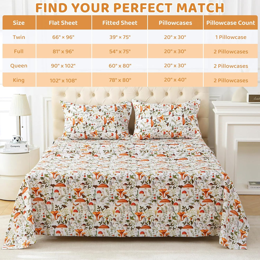 mooreeke Cozy Vintage Microfiber Printed Queen Sheet Set - Soft & Breathable Percale Mushroom Forest Bed Sheets with Extra Deep Pocket - No…