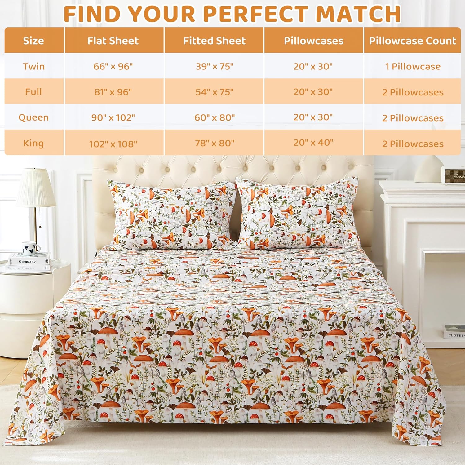 mooreeke Cozy Vintage Microfiber Printed Queen Sheet Set - Soft & Breathable Percale Mushroom Forest Bed Sheets with Extra Deep Pocket - No…