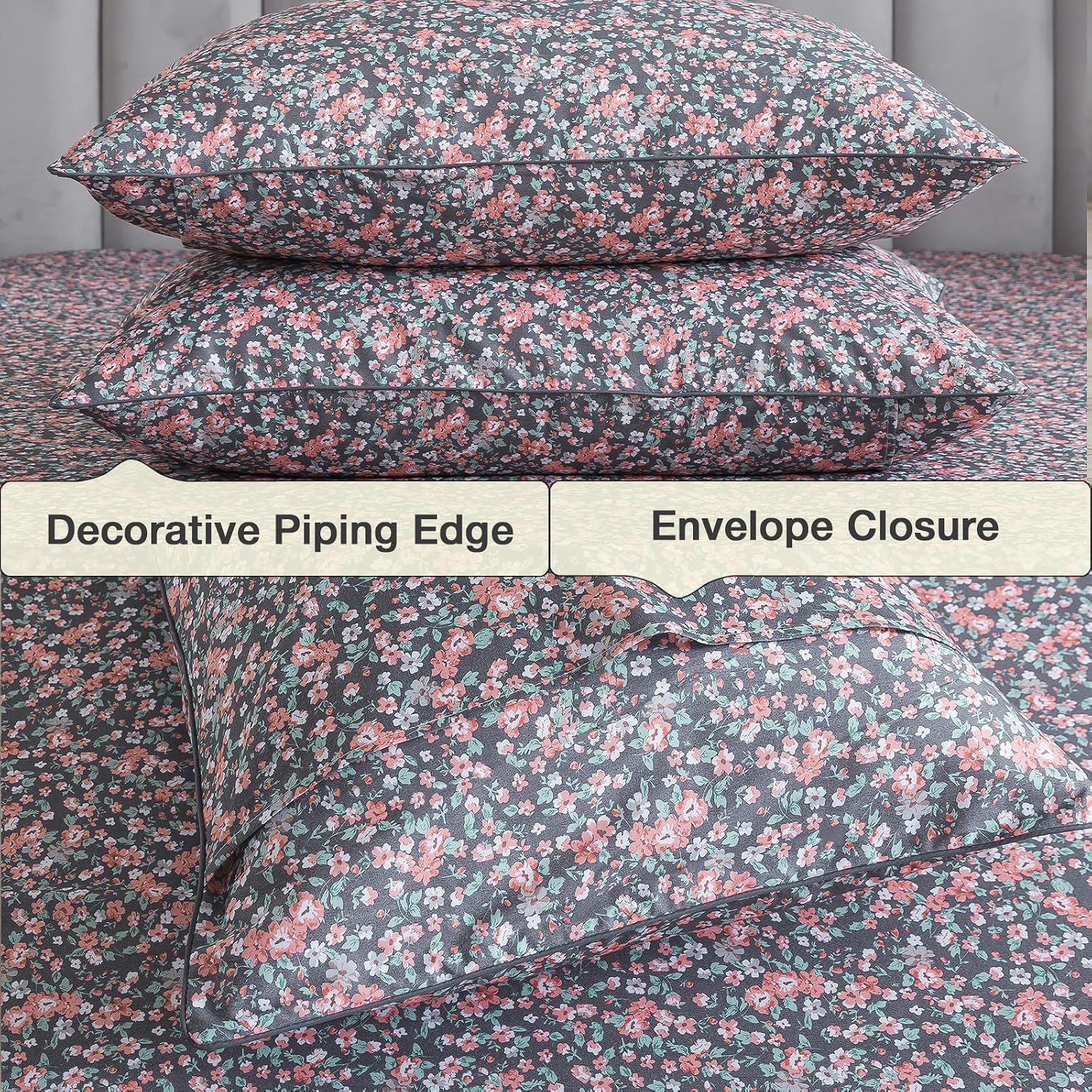 Puralens Dark Grey Vintage Floral Duvet Cover, King 100% Cotton Percale Pink Flower Comforter Cover Set, Shabby Chic Reversible Toile Bed C…
