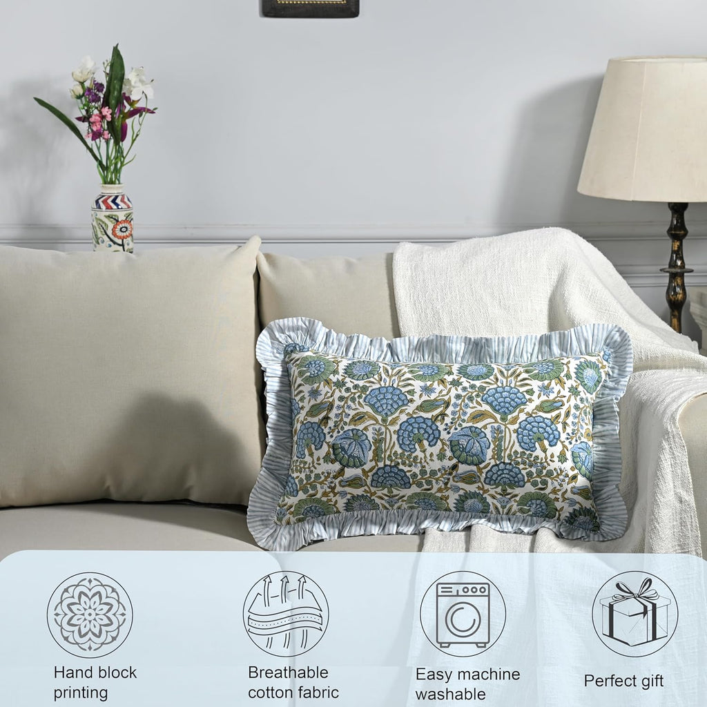 Ridhi Block Print Asparagus Green 20"x12" Set 1-100% Cotton Ruffle Lumbar Sham Cover Boho Floral Pillowcase, Farmhouse Cottagecore…