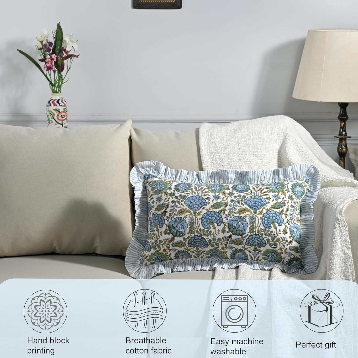Ridhi Block Print Asparagus Green 20"x12" Set 1-100% Cotton Ruffle Lumbar Sham Cover Boho Floral Pillowcase, Farmhouse Cottagecore…