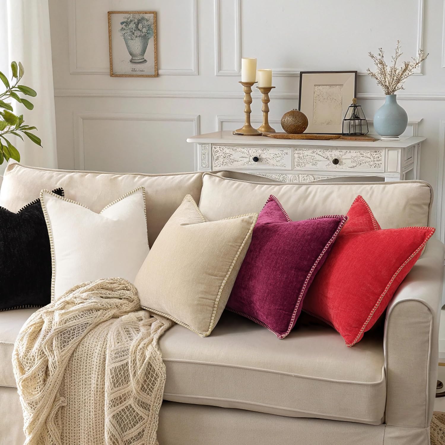 decorUhome Chenille Soft Cozy Throw Pillow Covers 24x24 Set of 2, Modern Farmhouse Boho Velvet Decorative Euro Sham Pillow Cases with Stitc…