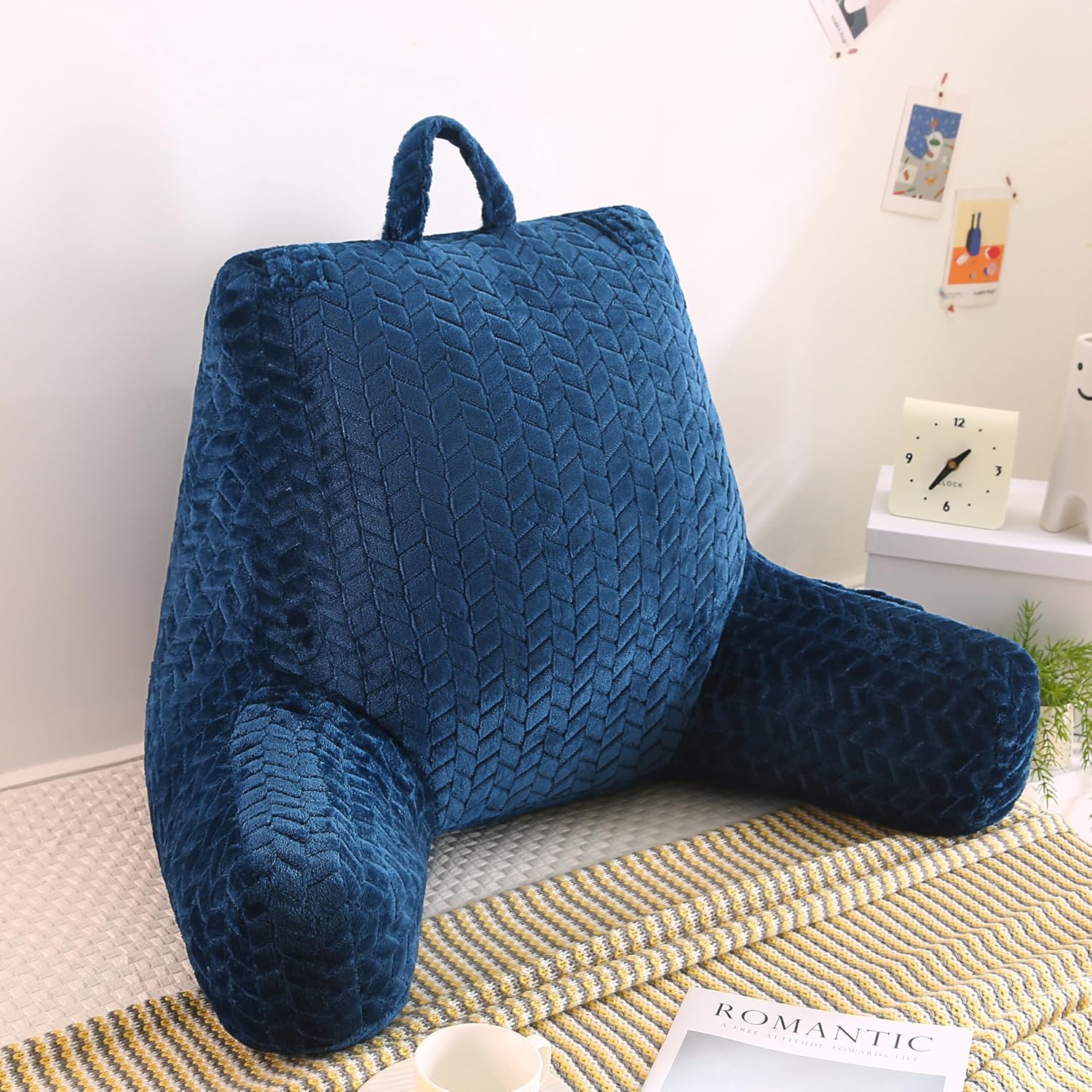 Blue Bed Reading Pillow for Adults, Memory Foam Backrest Pillow with Armrests for Sitting Up in Bed, Support for Back & Arms, Removable…