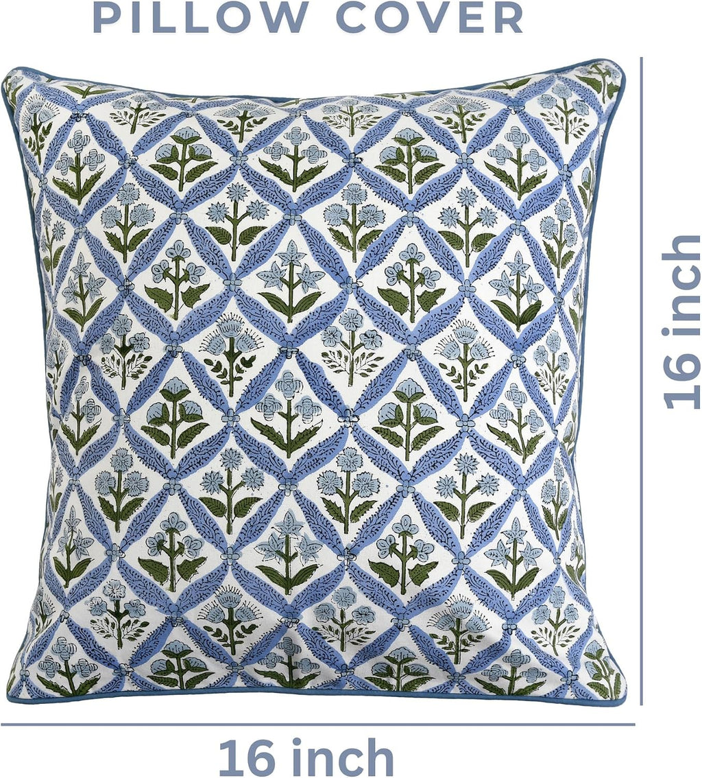 Ridhi Block Print Light Steel Blue Pillow Cover 16" x 16" (Pack of 2) Decorative Couch Pillows for Living Room, Chic Boho Cute Outdoor Pill…