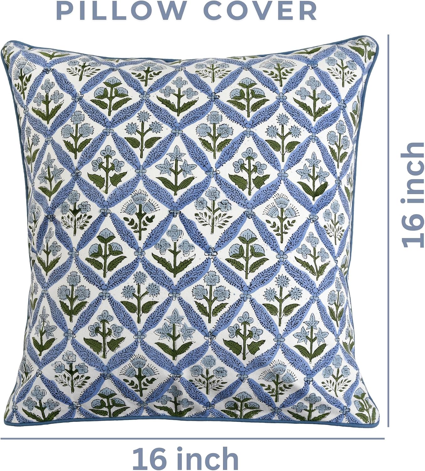 Ridhi Block Print Light Steel Blue Pillow Cover 16" x 16" (Pack of 2) Decorative Couch Pillows for Living Room, Chic Boho Cute Outdoor Pill…