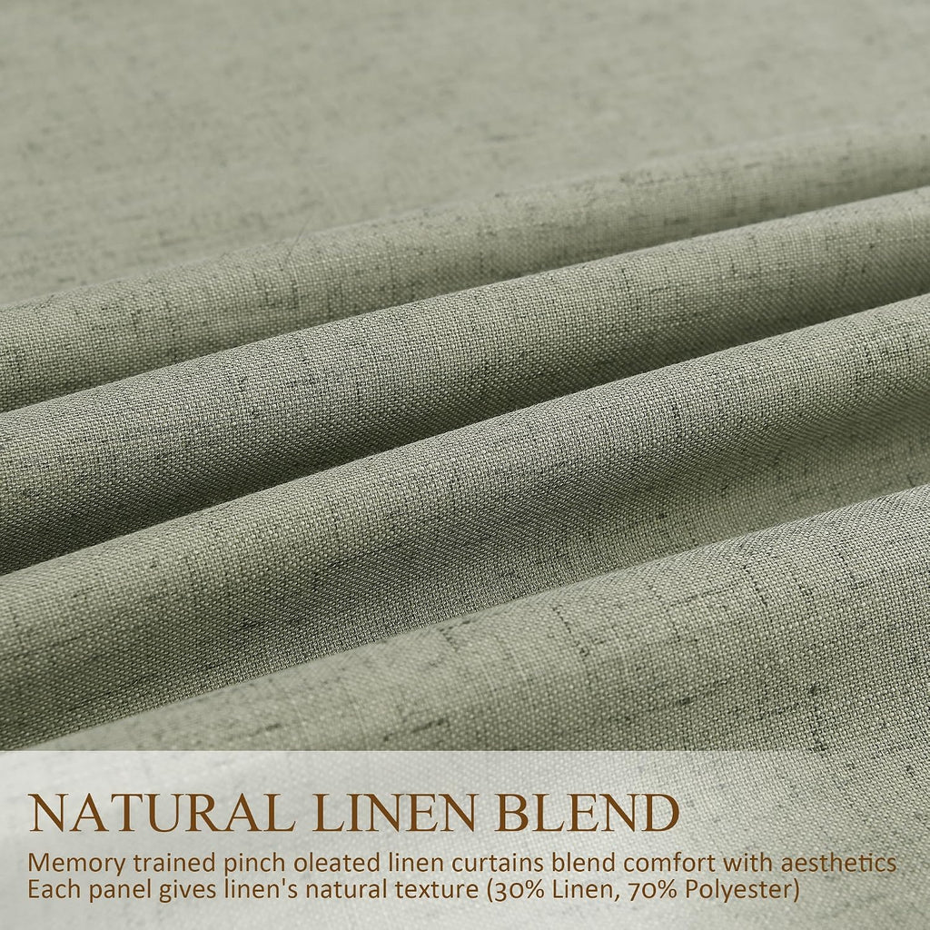 Boodii Sage Green 100% Blackout Linen Pinch Pleated Curtains 110 Inches Long for Living Room Bedroom Office for Window Thermal Insulated Vi…