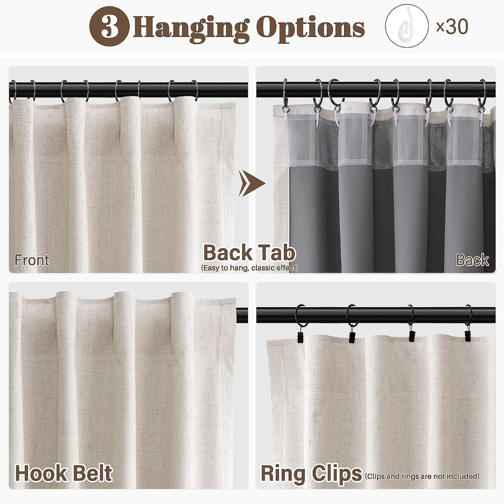 Guken Natural 100% Blackout Linen Curtains 102 Inch Length for Bedroom Back Tab Hook Belt Room Darkening Black Out Farmhouse Thermal Insula…