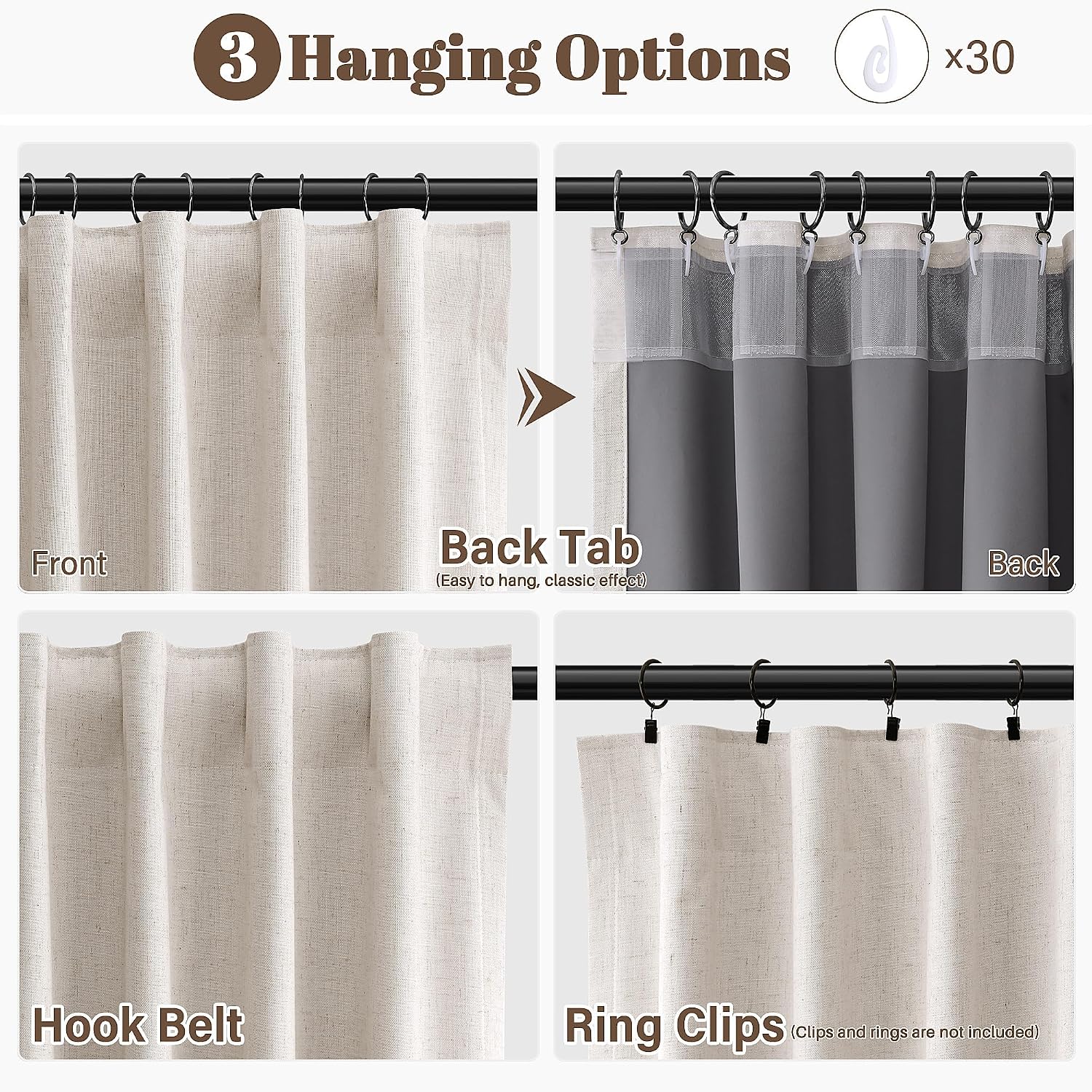 Guken Natural 100% Blackout Linen Curtains 102 Inch Length for Bedroom Back Tab Hook Belt Room Darkening Black Out Farmhouse Thermal Insula…