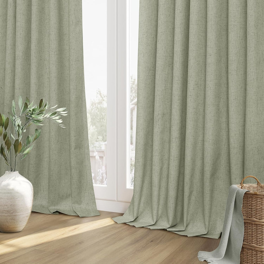 Guken Sage Green 100% Blackout Curtains 80 Inch Length 2 Panels Set for Living Room Bedroom Back Tab Thermal Insulated Black Out Linen Drap…