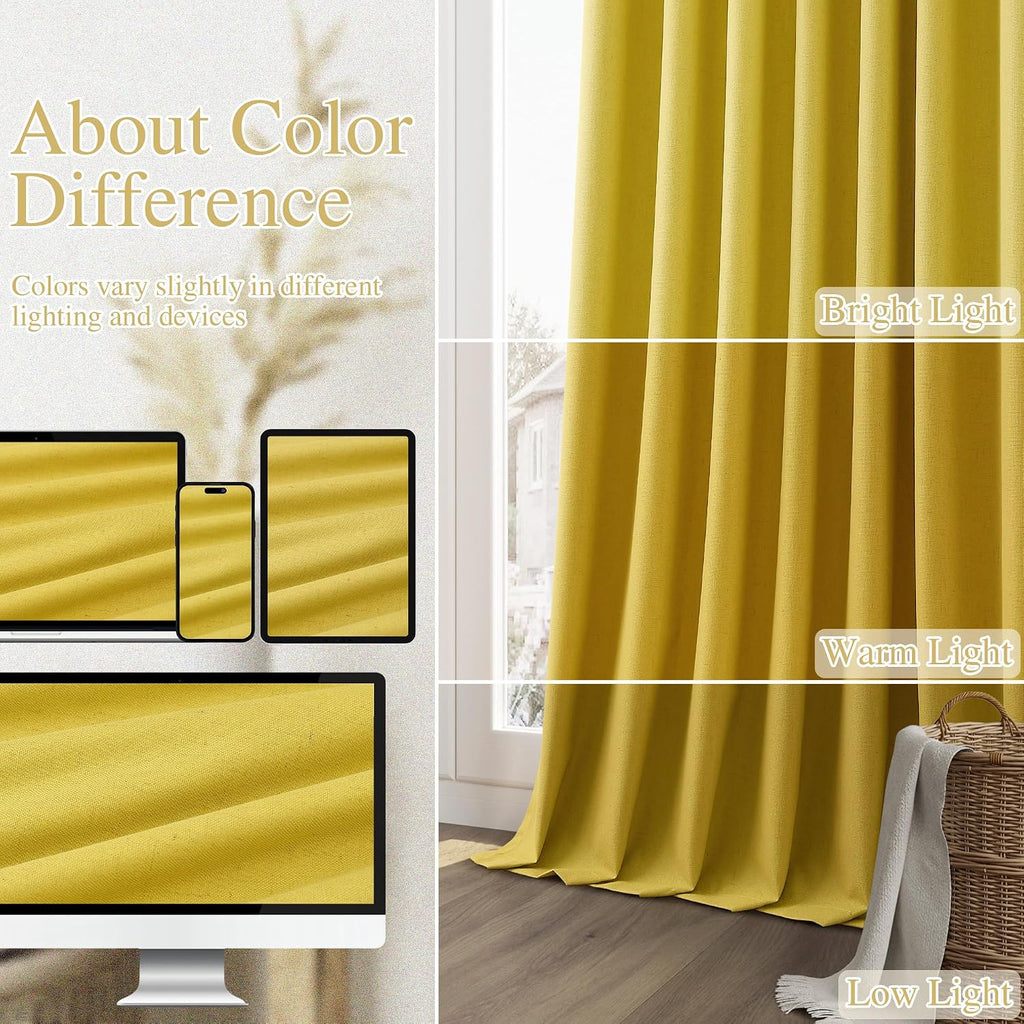 Guken Celery Yellow 100% Blackout Linen Curtains 102 Inch Length 2 Panels Set for Living Room Bedroom Back Tab Rod Pocket Thermal Insulated…