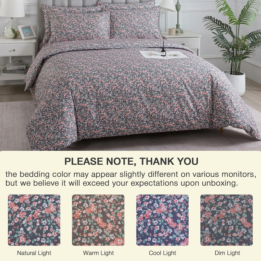 Puralens Dark Grey Vintage Floral Duvet Cover, King 100% Cotton Percale Pink Flower Comforter Cover Set, Shabby Chic Reversible Toile Bed C…