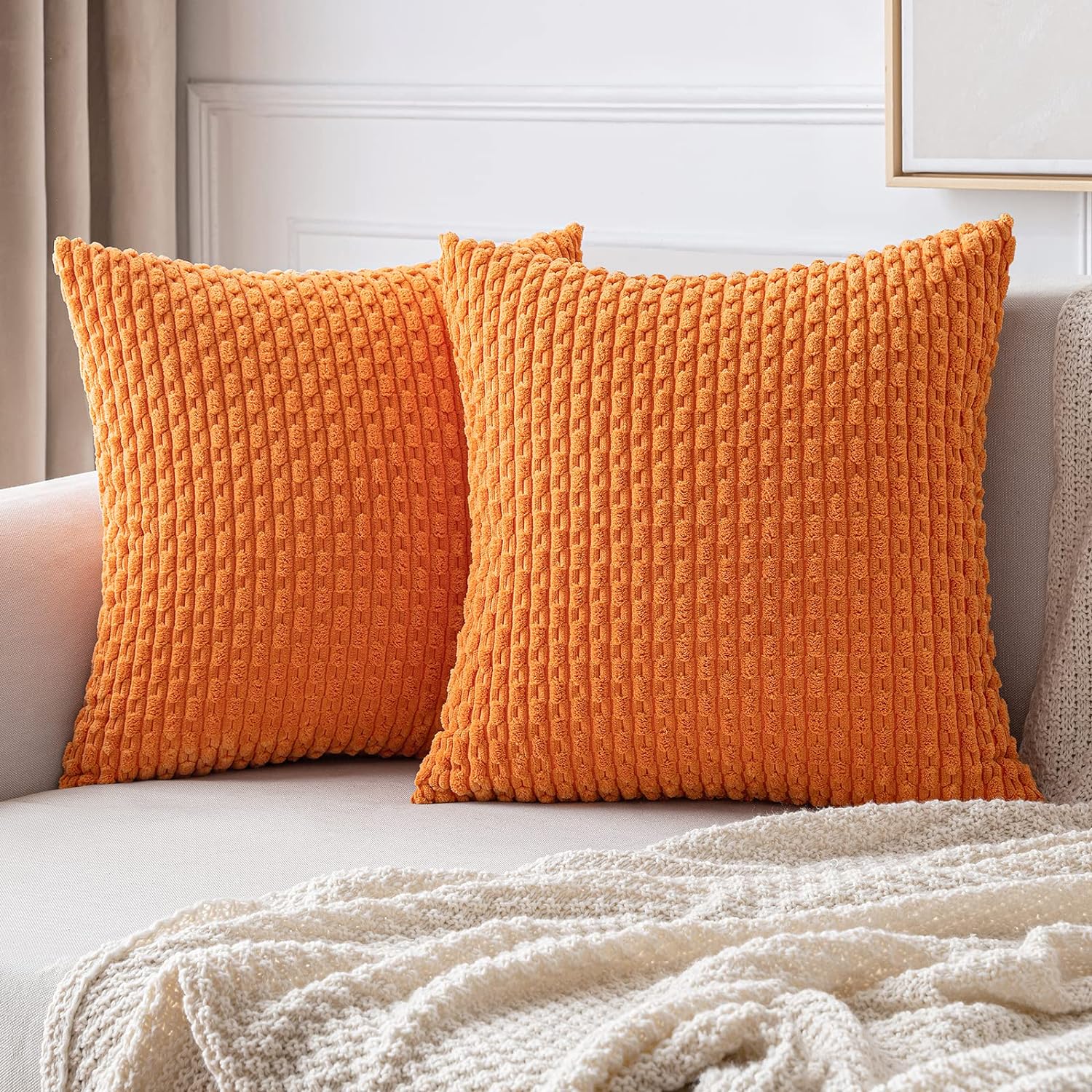 Miulee Orange Throw Pillow Covers Soft Corduroy Decorative Set of 2 Boho Striped Pillow Covers Pillowcases Farmhouse Home Decor for Hallowe…