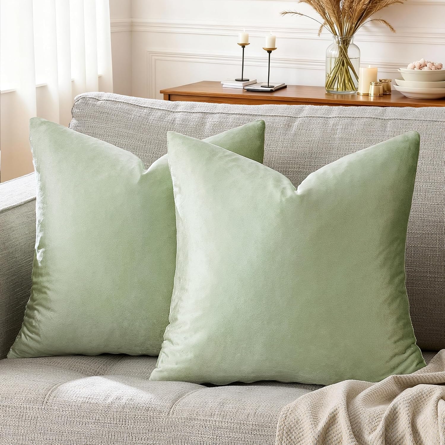 GIGIZAZAFocusingonhomedecoration GIGIZAZA Throw Pillow Covers 22x22 Inch Sage Green Velvet Pillows Decorative Covers Pack of 2 for Sofa Pil…