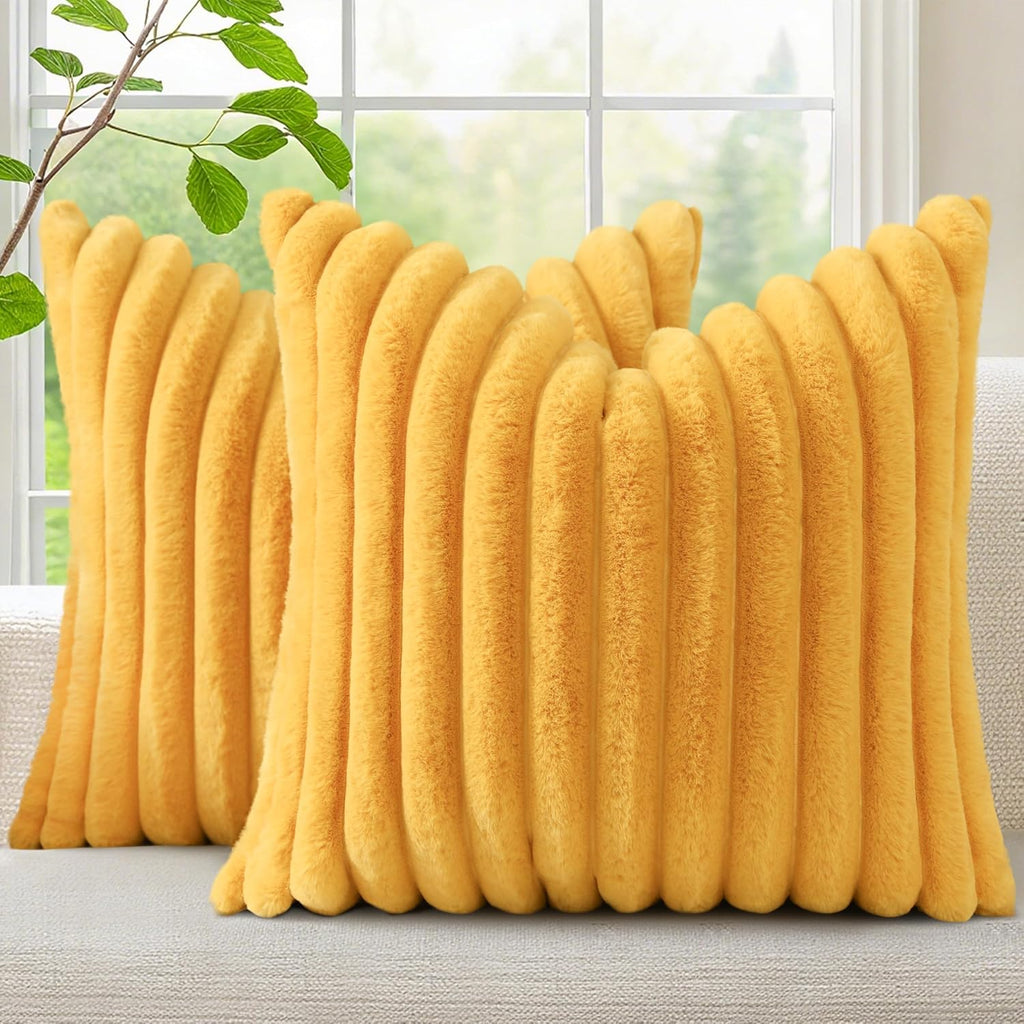 decorUhome Summer Cozy Faux Fur Throw Pillow Covers 26x26 Set of 2 Decorative Plush Striped Modern Farmhouse Boho Couch Euro Sham Pillow Ca…