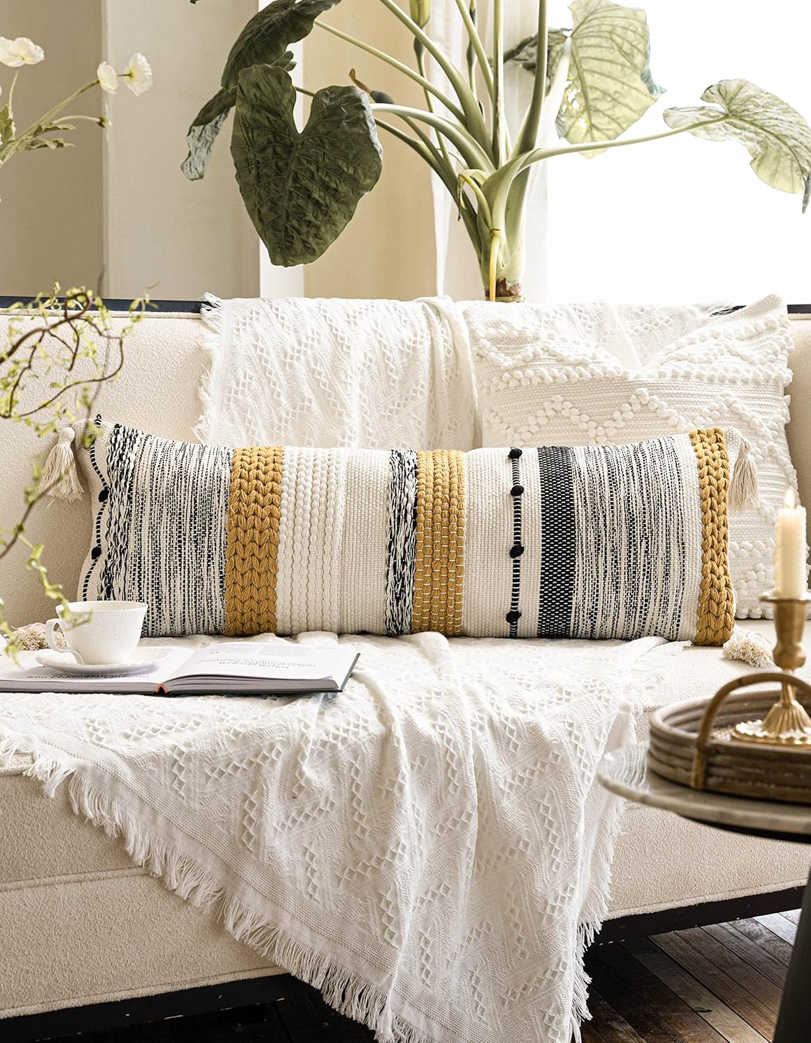 BlissBlush Decorative Lumbar Throw Pillow Cover 14x36 Boho Long Cushion for Bed Yellow Mustard Accent Farmhouse Pillowcase for Bedroom…