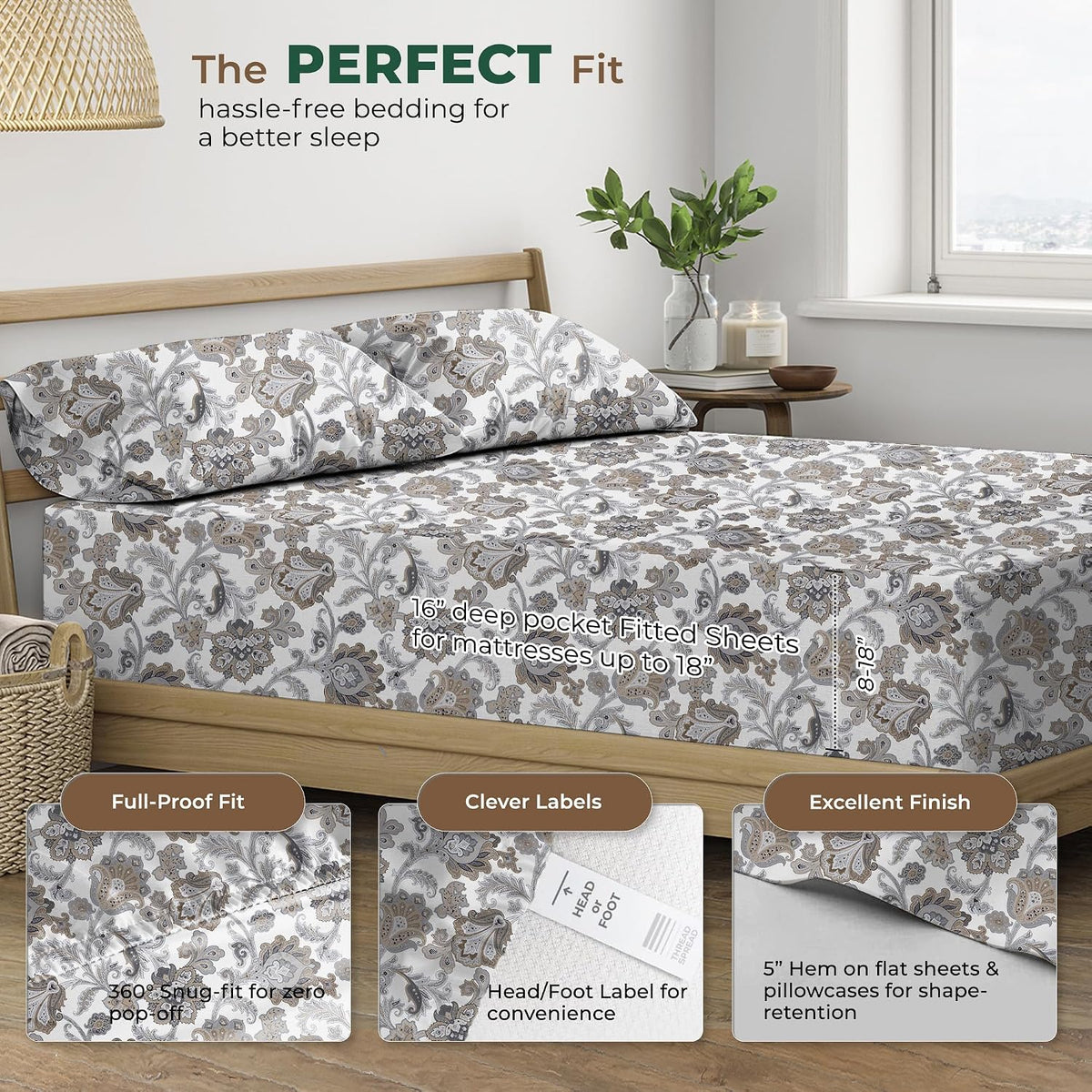 THREAD SPREAD 100% Organic Cotton Sheets Full Size - Organic Cotton Full Size Percale Sheet Set (4 PC, Floral Ivory), Soft, Cooling…