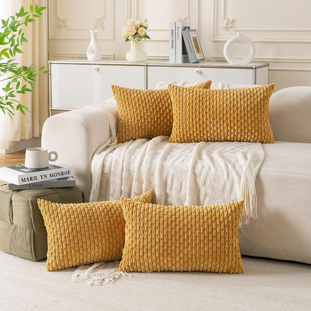 Cozoomy Set of 4 Mustard Yellow Decorative Throw Pillow Covers 12x20 Inch Corduroy Pillow Covers for Bed Couch Sofa Living Room Soft Cushio…
