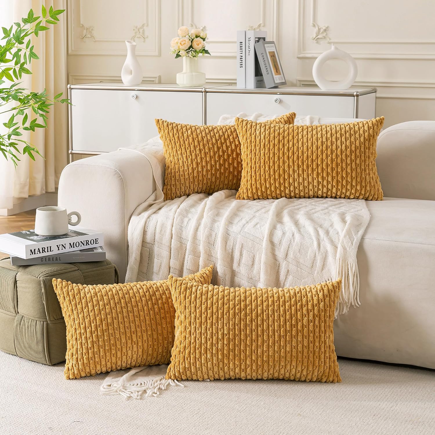 Cozoomy Set of 4 Mustard Yellow Decorative Throw Pillow Covers 12x20 Inch Corduroy Pillow Covers for Bed Couch Sofa Living Room Soft Cushio…