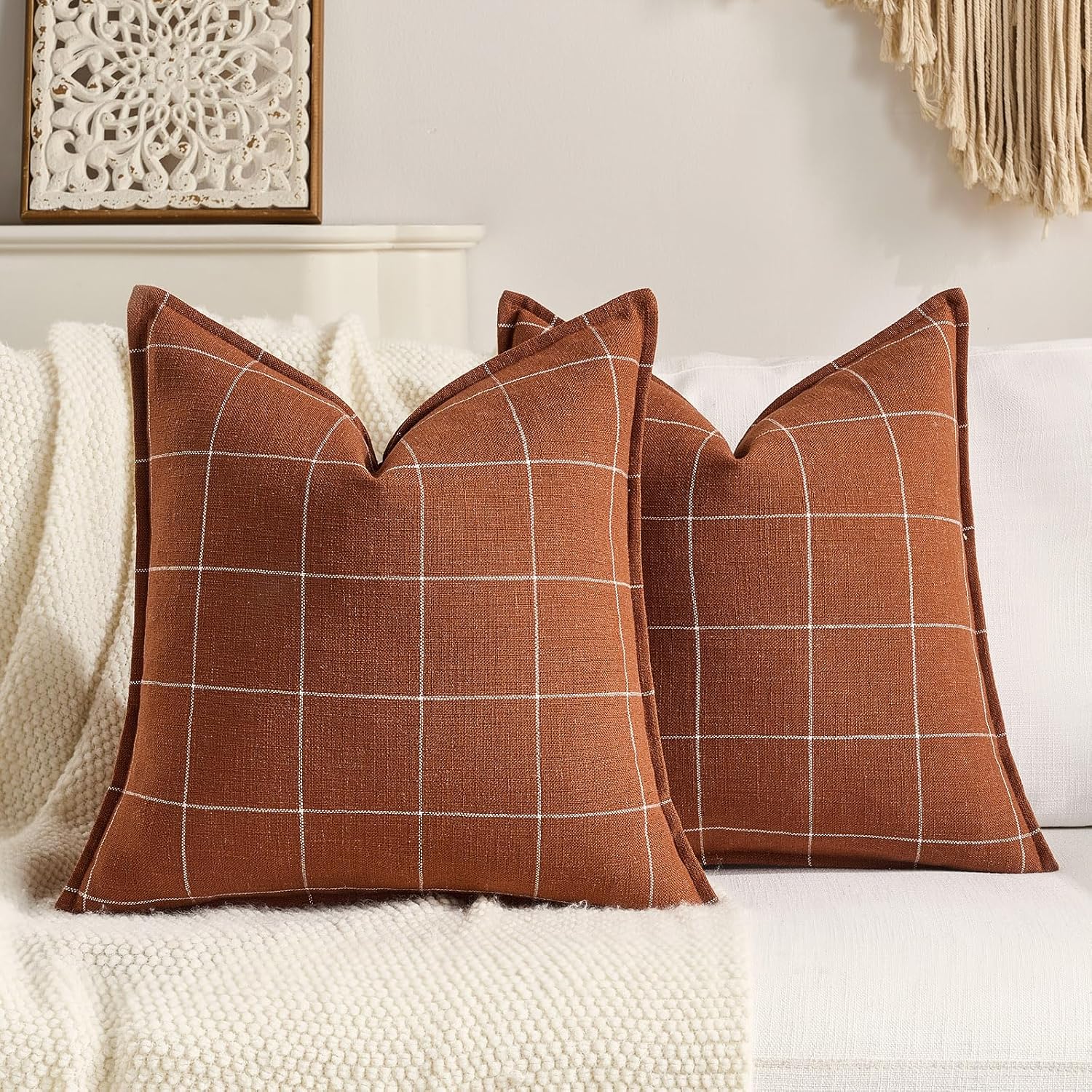 Rustic Farmhouse Decor Terracotta Plaid Throw Pillow Cushion Covers 18x18 Set of 2, Boho Decor Rust Decorative Throw Pillows 18 x 18…