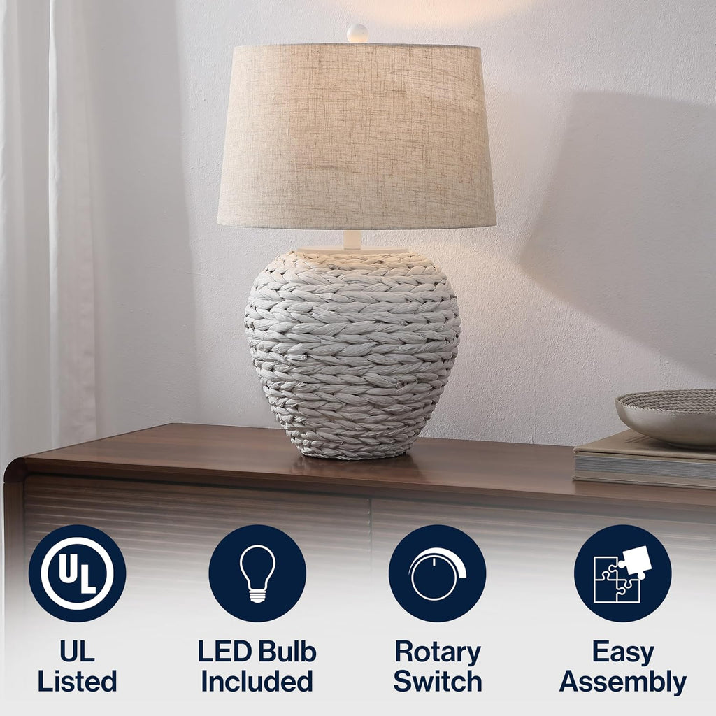 Jonathany JONATHAN Y 24.5" White Water Hyacinth Farmhouse Basket Table Lamp, Coastal Decor for Living Room Bedroom Nightstand, Light Gray L…