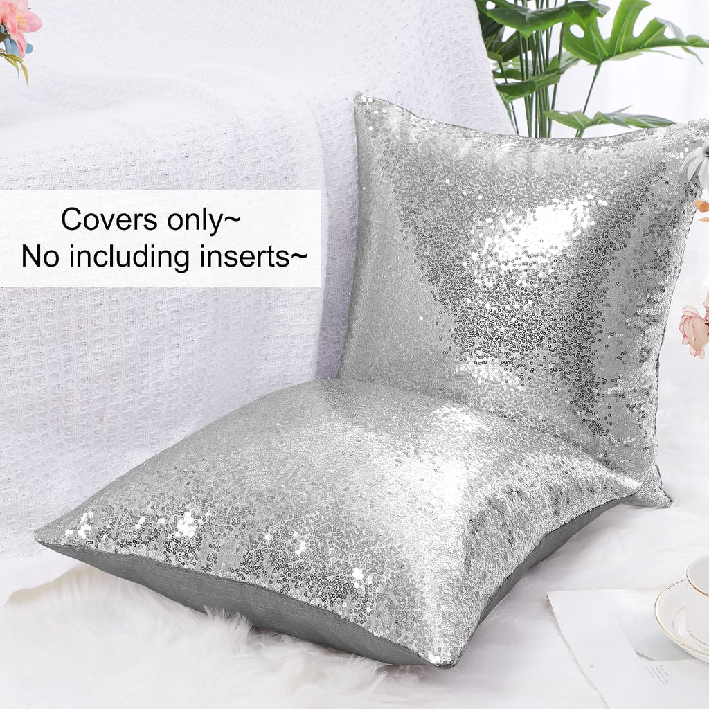 uxcell 2 Pcs Silver Tone Sequin Throw Pillow Covers, Shiny Sparkling Comfy Satin Sequin Cushion Covers, Decorative Pillowcases for…