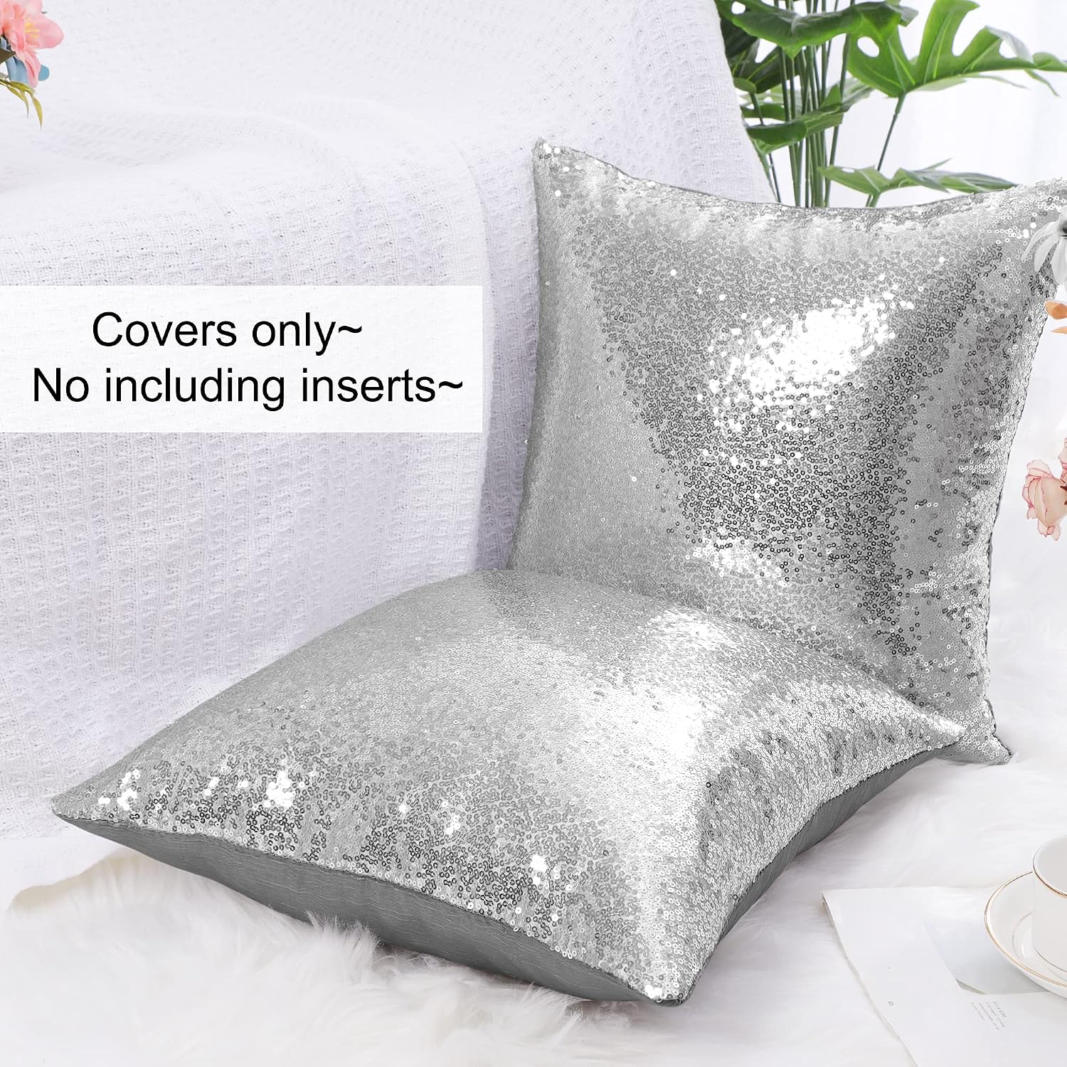 uxcell 2 Pcs Silver Tone Sequin Throw Pillow Covers, Shiny Sparkling Comfy Satin Sequin Cushion Covers, Decorative Pillowcases for…