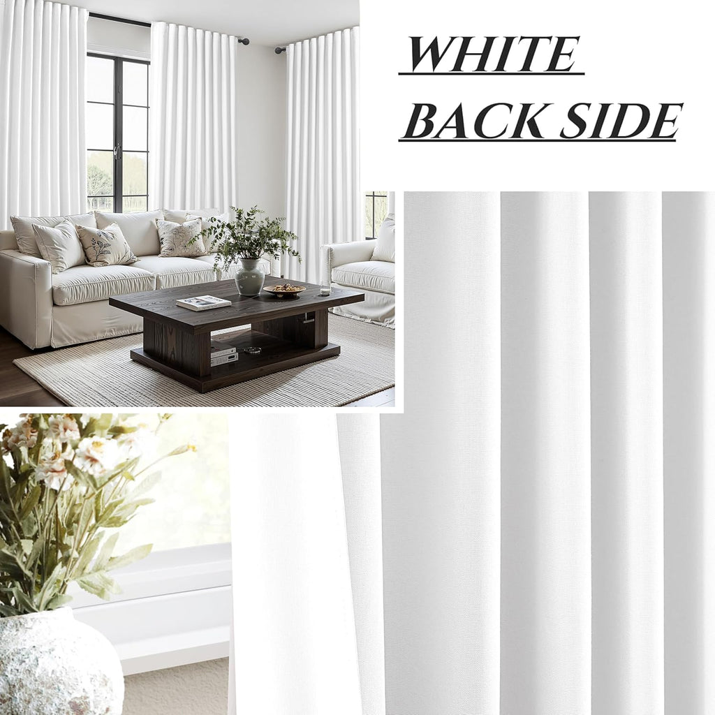 Qjmydeco Pure White Blackout Curtains 60 Inches Extra Wide Modern Linen 96 Inch Length for Living Room, Boho Pleated Farmhouse Bedroom Larg…