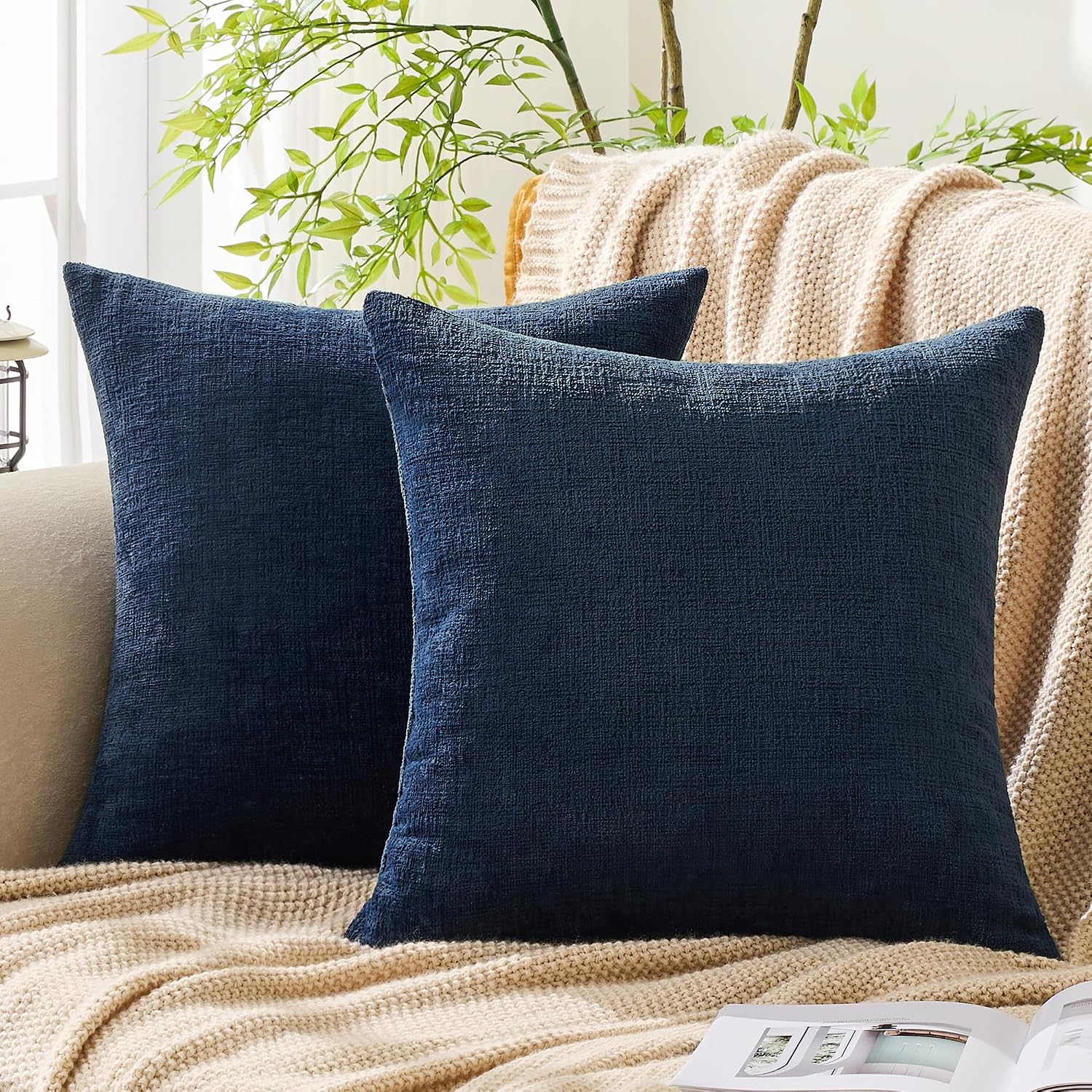 Gawamay Set of 2 Soft Textured Chenille Throw Pillow Covers 16x16 Inch (40x40 CM), Decorative Pillowcases Cushion Covers for Farmhouse Home…