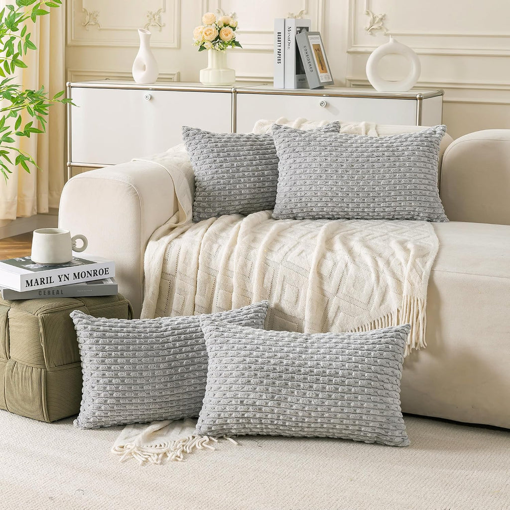 Cozoomy Set of 4 Grey Decorative Throw Pillow Covers 12x20 Inch Corduroy Pillow Covers for Bed Couch Sofa Living Room Soft Cushion Cases 20…