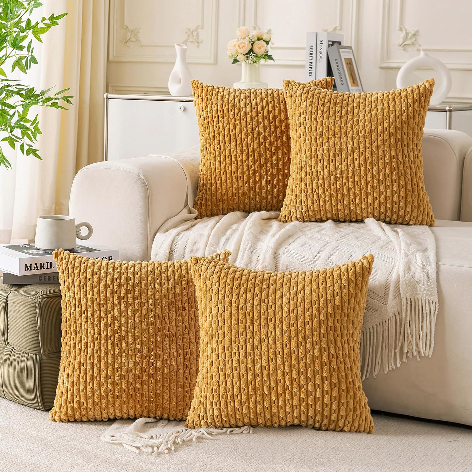 Cozoomy Set of 4 Mustard Yellow Decorative Throw Pillow Covers 24x24 Inch Corduroy Pillow Covers for Bed Couch Sofa Living Room Soft Square…