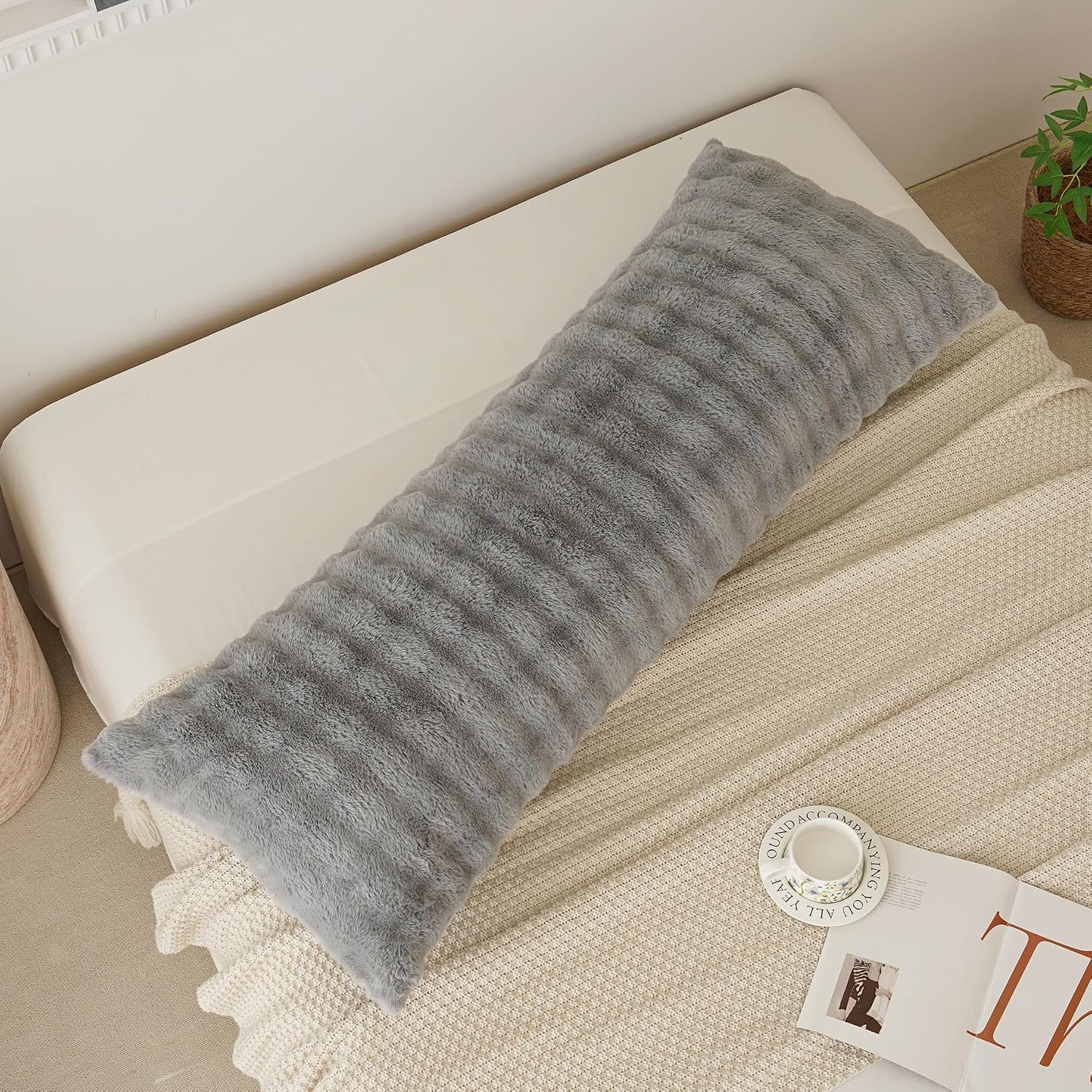 Memfydu Full Body Pillow with Fluffy Bubble Waffle Carved Faux Fur Removable Cover, Long Bed Pillow Adult 20x54 Inches for Side Sleeper and…