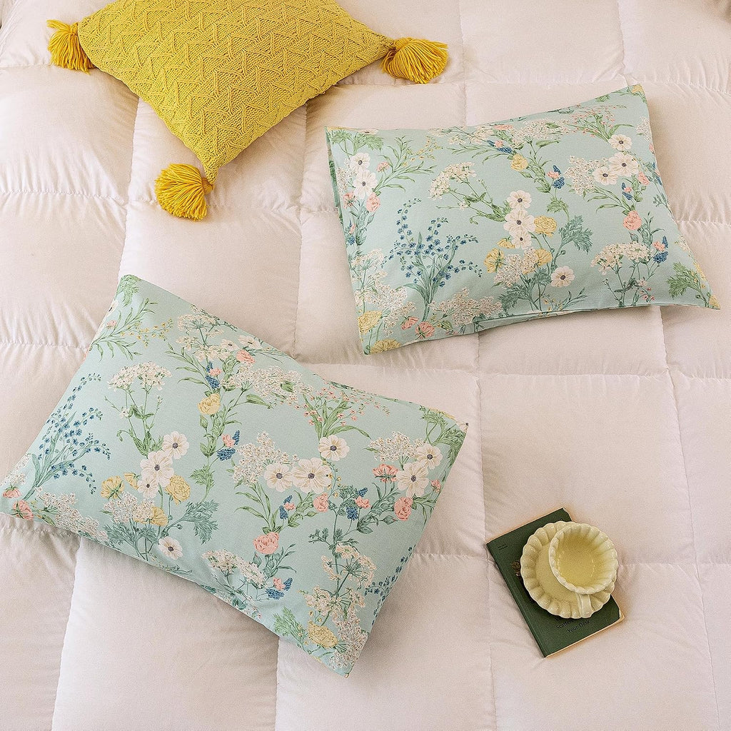 ECOCOTT Sage Green Floral Pillowcases Standard Size Set of 2, 100% Washed Cotton Pillow Cases with Envelope Closure, Botanical Wildflower…