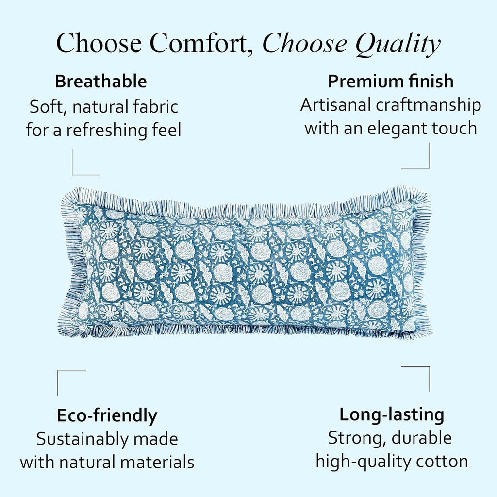 Cottonprintclub CPC Hand Block Print Blue Meadow Ruffle Sham Pillow Cover 36" x 14" inch Hidden Zipper Decorative Pillowcase for Couch, Bed…