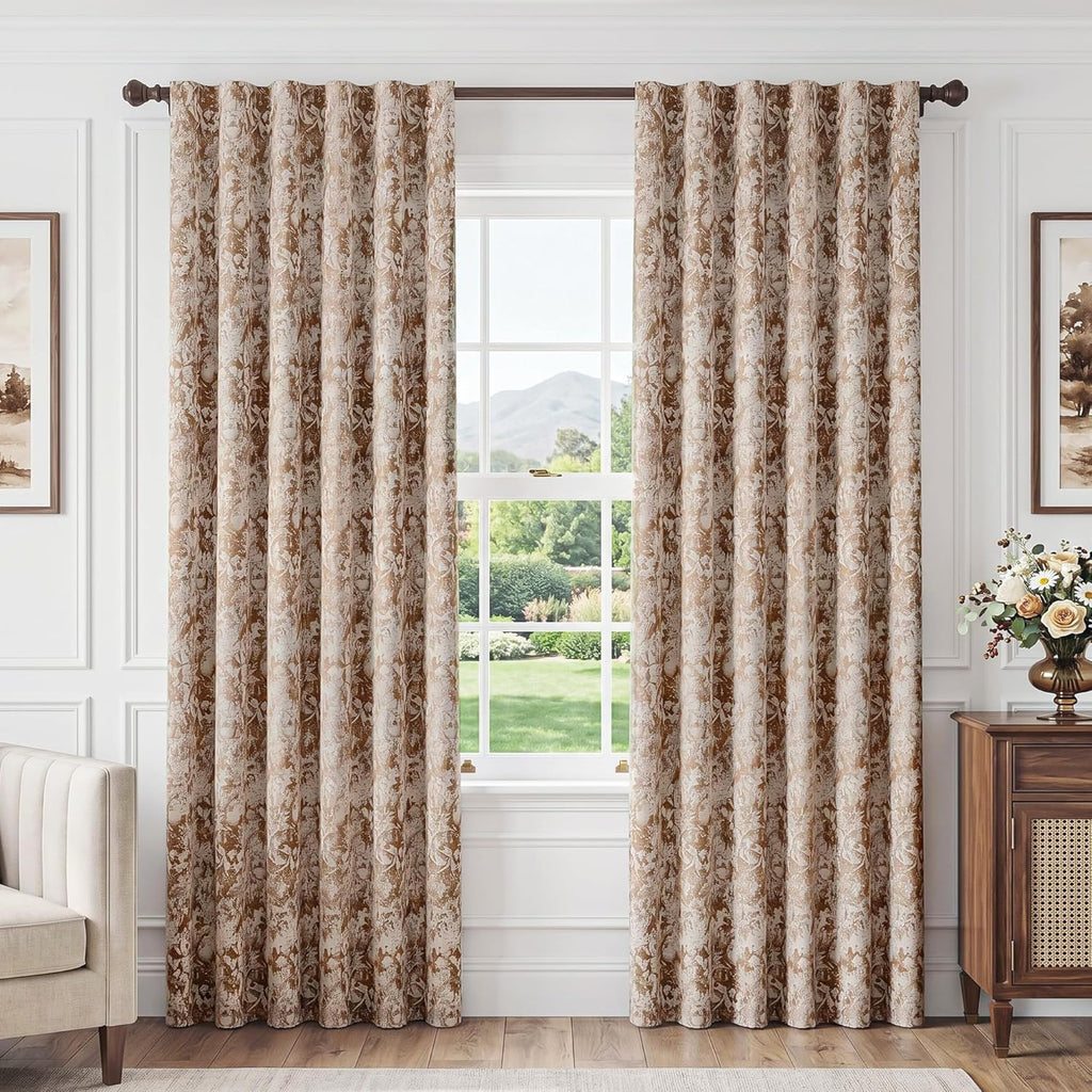 Beauoop Brown Floral Jacquard Blackout Curtains 84 Inches Long 2 Panels for Bedroom Living Room Chenille Flower Room Darkening Thermal…