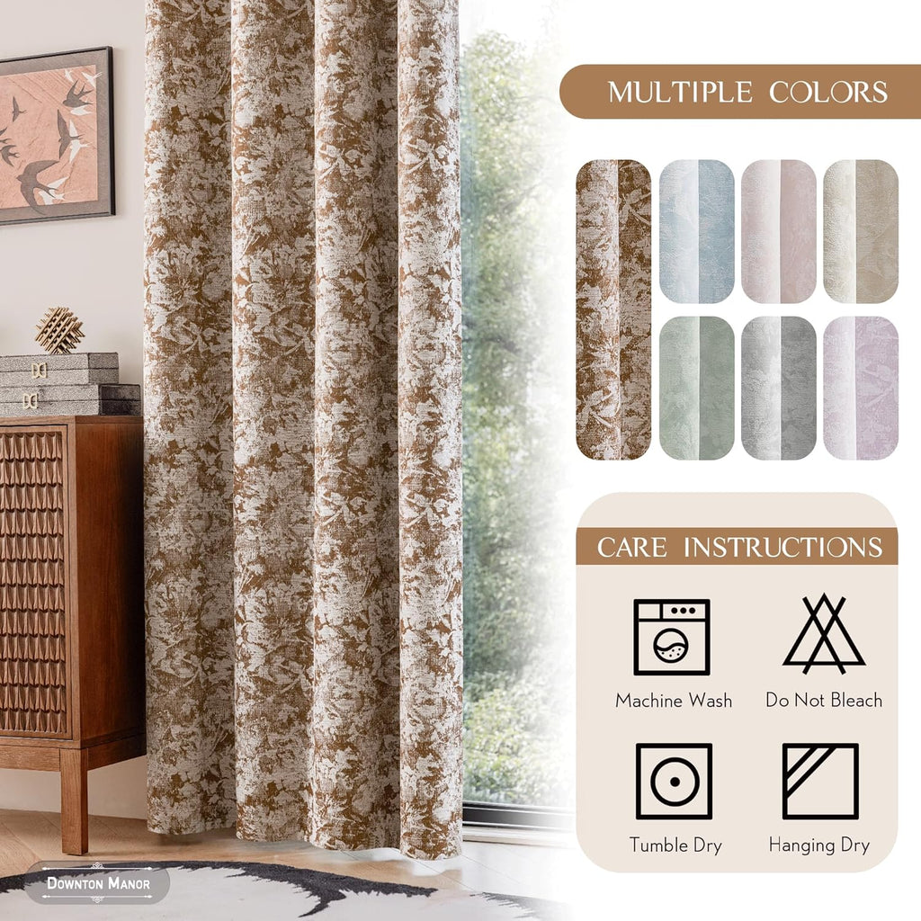 Beauoop Brown Floral Jacquard Blackout Curtains 84 Inches Long 2 Panels for Bedroom Living Room Chenille Flower Room Darkening Thermal…