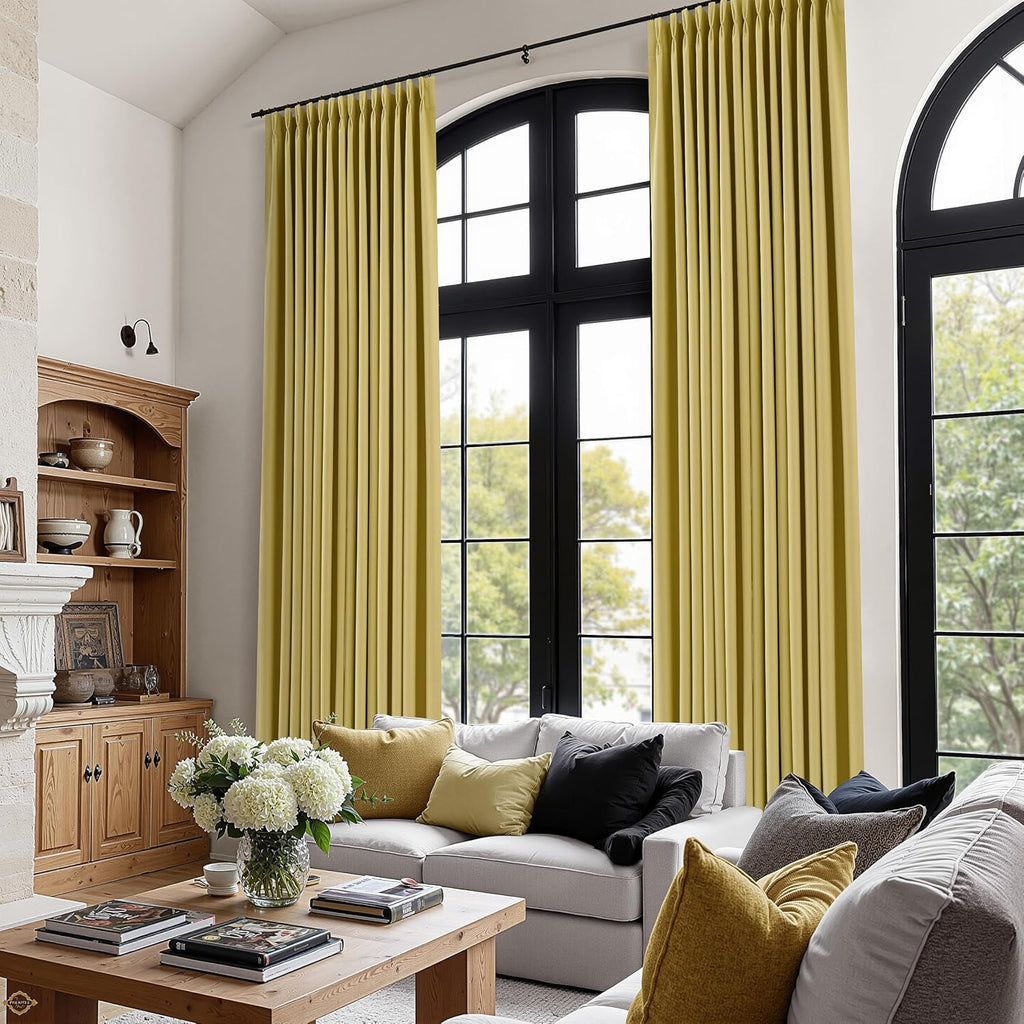 Boodii Yellow 100% Blackout Linen Pinch Pleated Curtains 112 Inches Long 2 Panels Set Thermal Insulated Modern Rustic Full Black Out Pivacy…