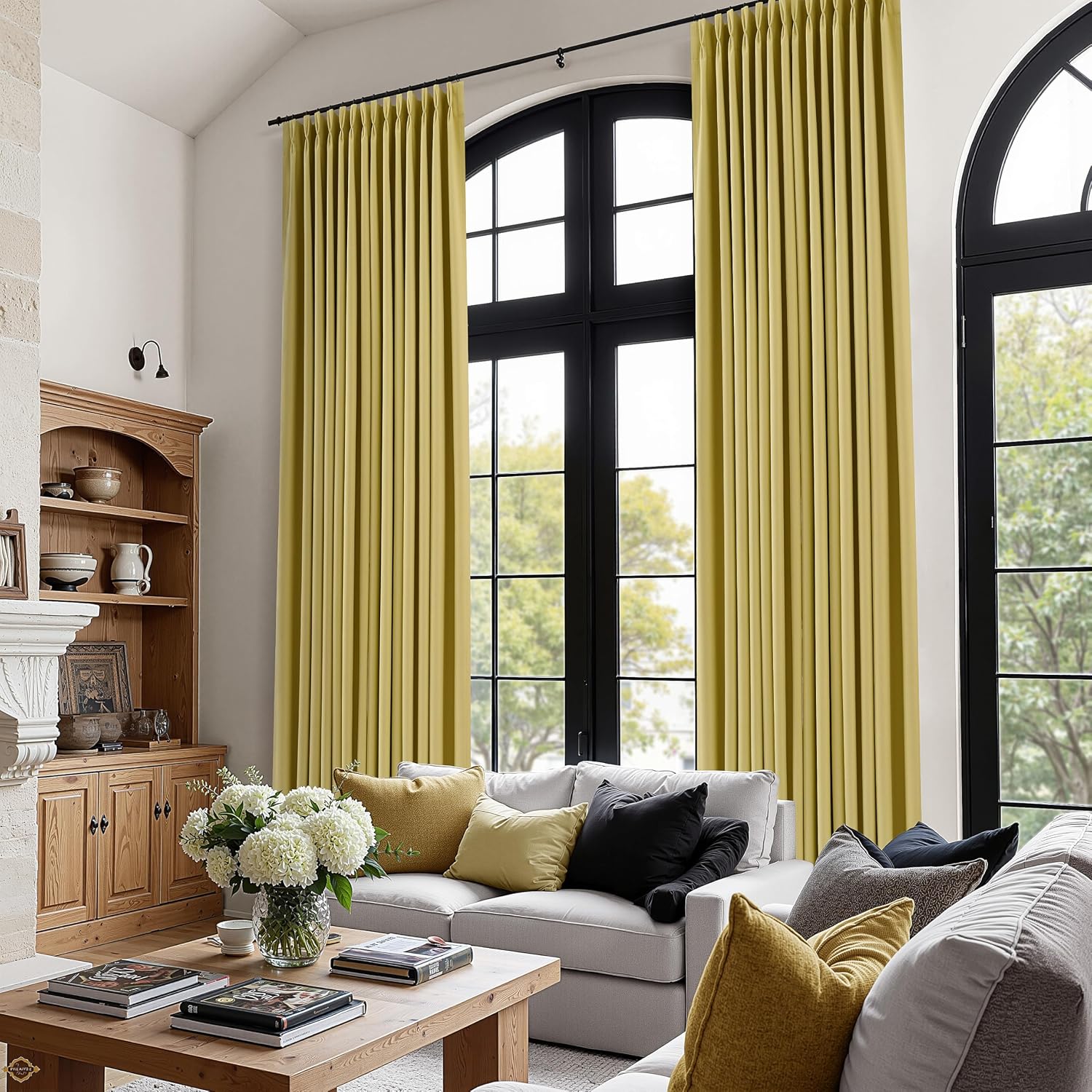 Boodii Yellow 100% Blackout Linen Pinch Pleated Curtains 112 Inches Long 2 Panels Set Thermal Insulated Modern Rustic Full Black Out Pivacy…