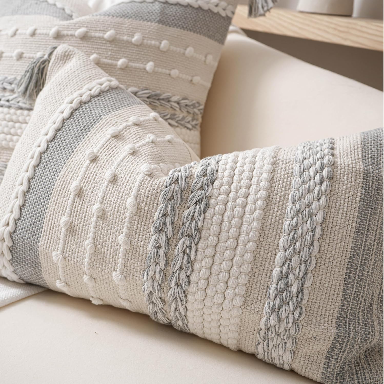 BlissBlush Gray Boho Decorative Throw Pillow Cover 18x18 Square Farmhouse Accent Cushion for Couch Sofa Livingroom Bedroom Pillowcase…