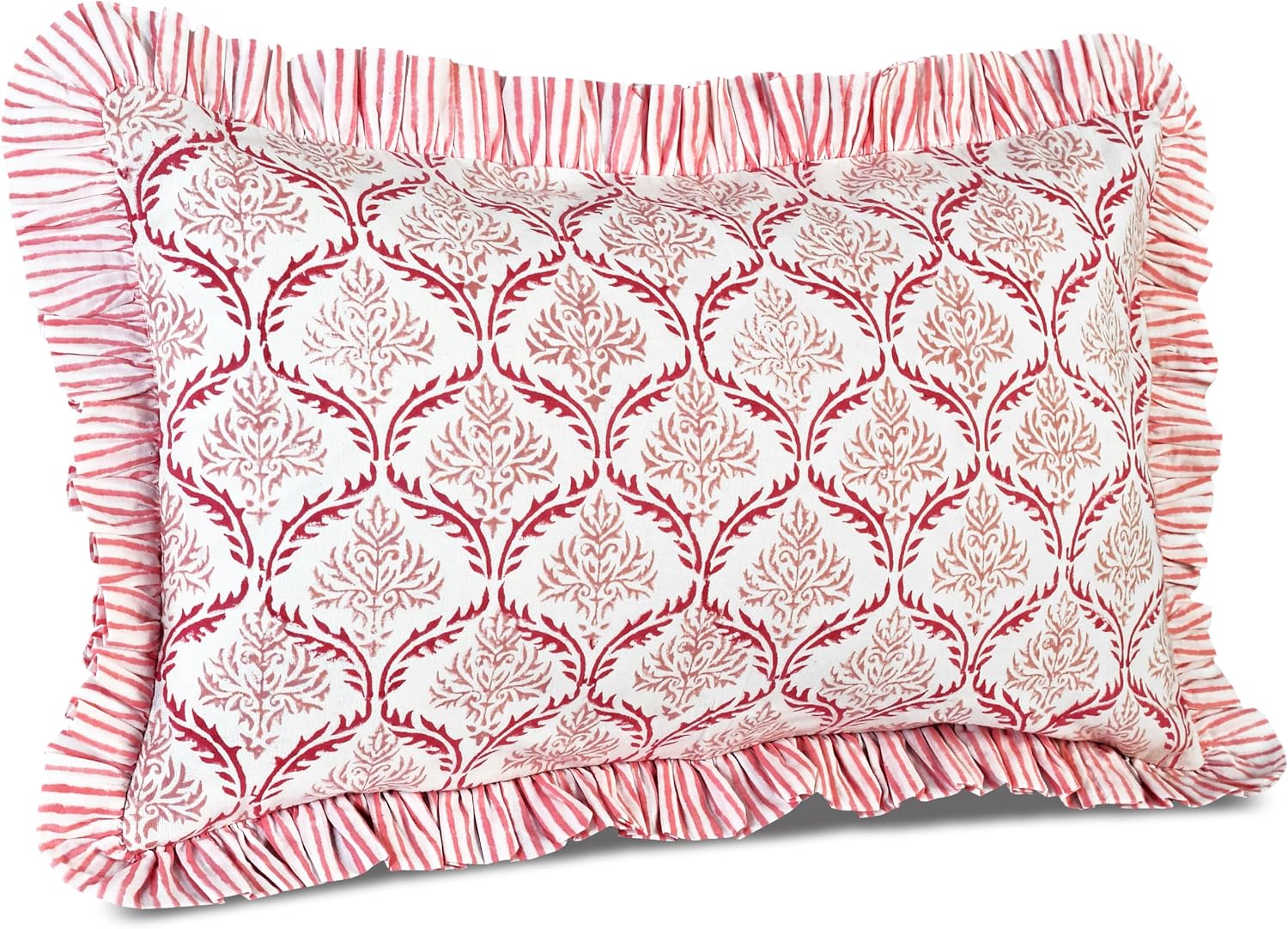 Cottonprintclub CPC Hand Block Print Blush Rose Ruffle Sham Pillow Cover 20" x 12" inch Hidden Zipper Decorative Pillowcase for Couch, Bed,…
