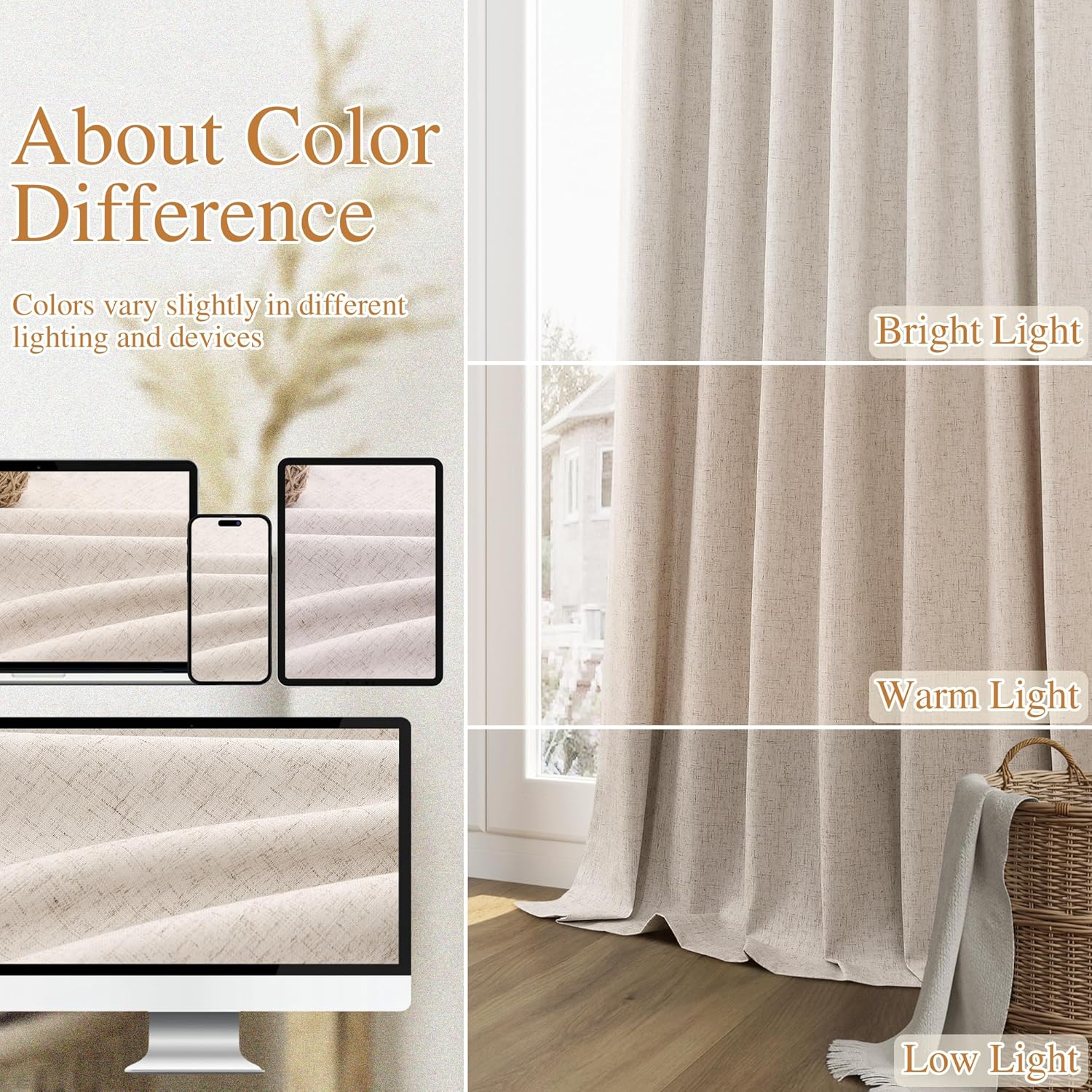Guken Oatmeal 100% Blackout Linen Curtains 63 Inch Length 2 Panels Set for Living Room Bedroom Back Tab Thermal Insulated Black Out Drapes…