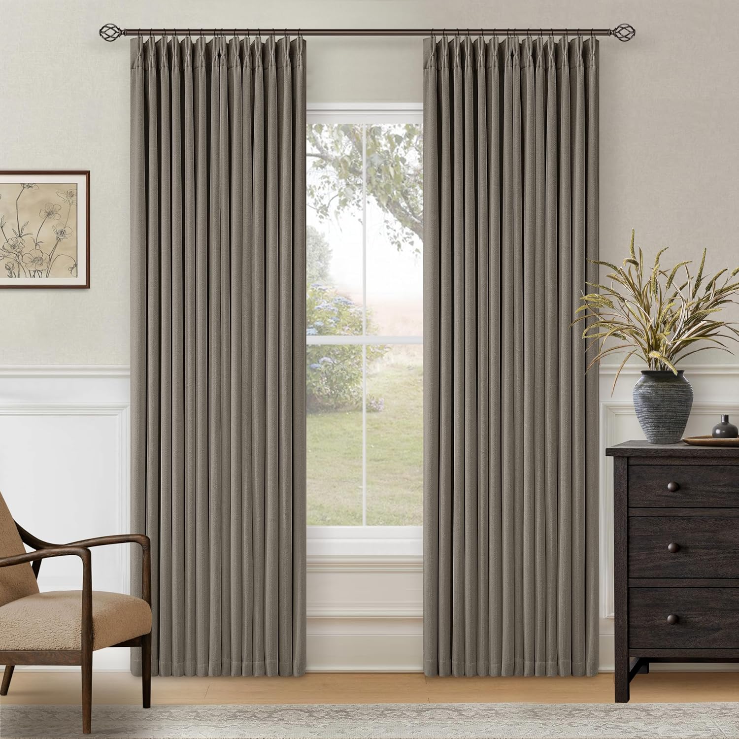 Twodrapes Taupe Pleated Linen Blackout Curtains 84 Inches Long for Bedroom Living Room Pinch Pleat Black Out Thermal Insulated Ring Hooks B…