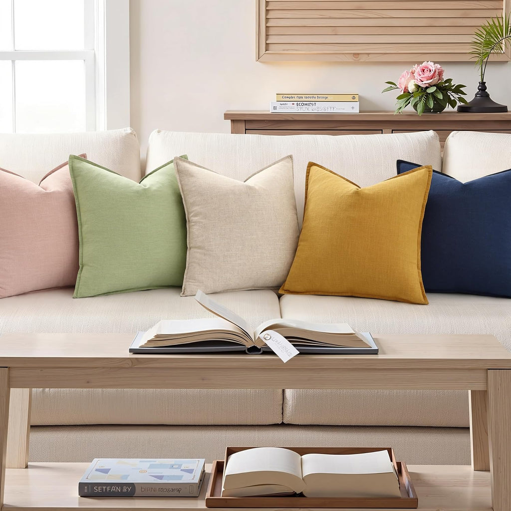 decorUhome Summer Decorative Linen Throw Pillow Covers 18x18 Inch Set of 2 Natural Beige Pillow Covers with Flange Edges Soft Farmhouse Boh…
