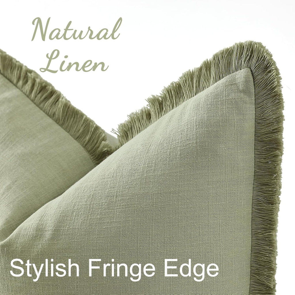 decorUhome Summer Decorative Neutral Linen Fringe Euro Sham Throw Pillow Covers Set of 2 Sage Green Pillow Covers with Tassels Soft Farmhou…