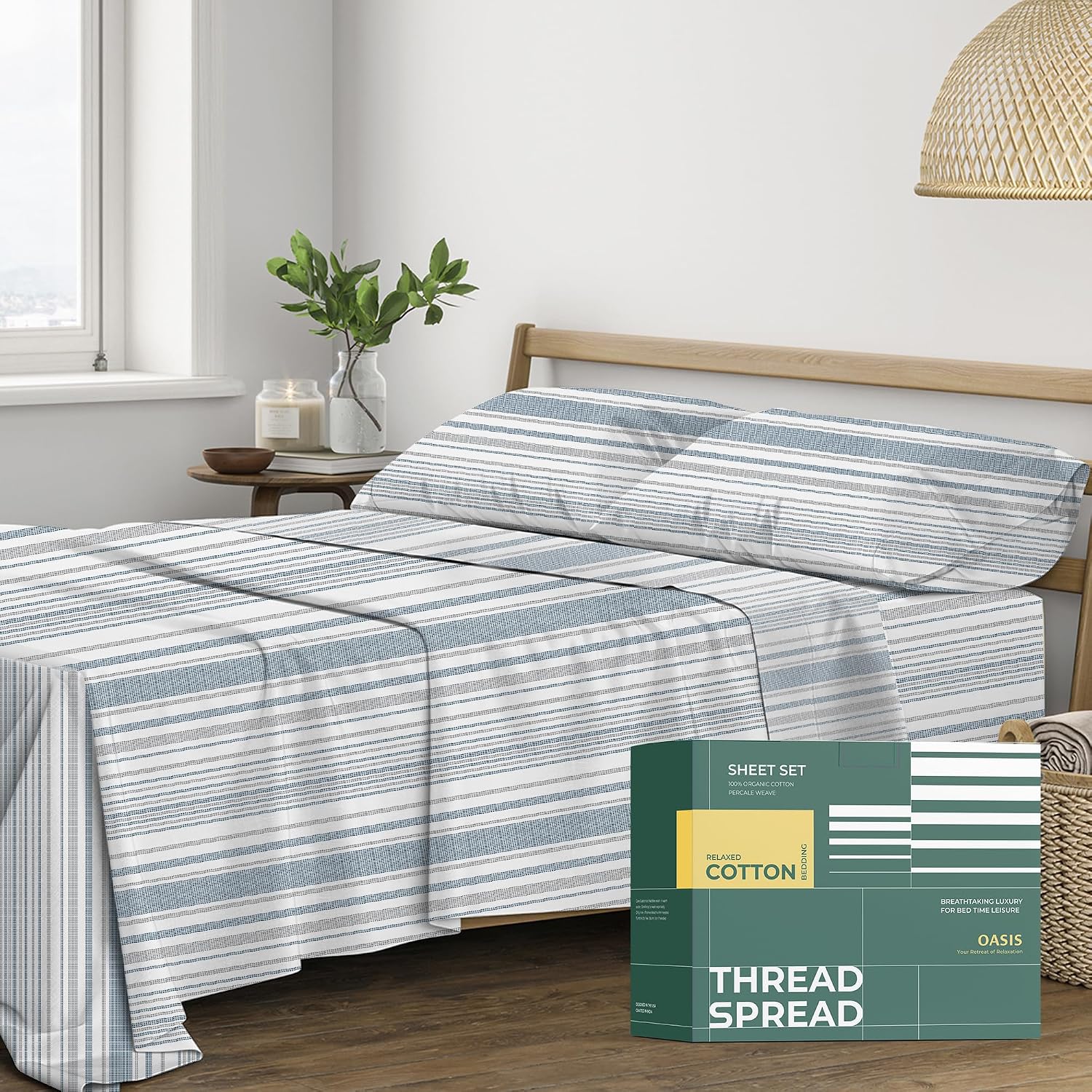 THREAD SPREAD 100% Organic Cotton Sheets Full Size - Organic Cotton Full Size Percale Sheet Set (4 PC, Dotted Stripe), Soft, Cooling…