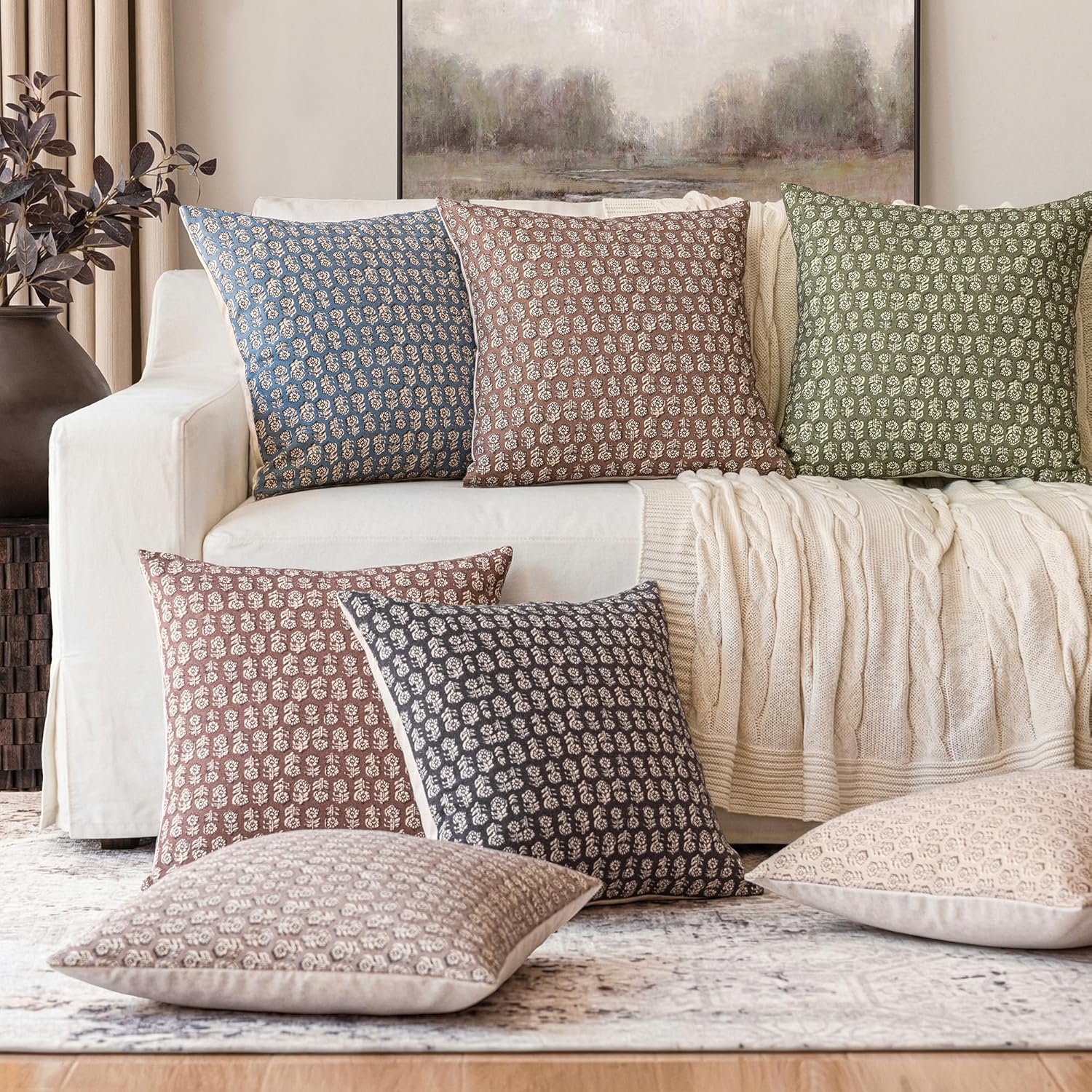 Foindtower Set of 2 Decorative Vintage Floral Print Throw Pillow Covers Neutral Modern Farmhouse Cushion Covers Boho Home Decor for Sofa…